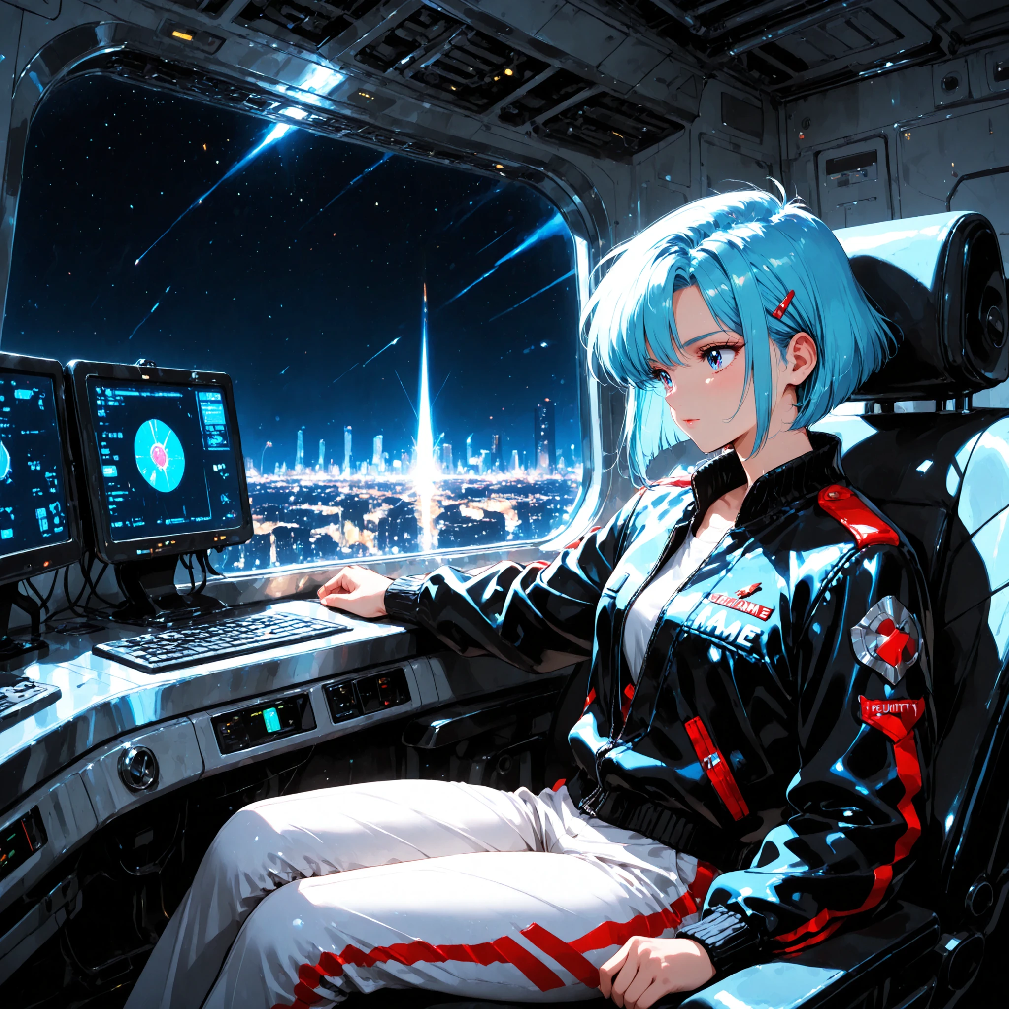80s anime cel art, retro manga style, line art, faceless android. Sleek chrome body with visible seams, sitting contemplative on a metal girder overlooking a sprawling, neon-drenched megacity at night. Wears a worn pilot jacket draped over its shoulders. Lighting is atmospheric, dominated by ambient city glow and sharp neon reflections on its smooth head. Focus on isolation, retro-futuristic design, and atmospheric perspective.