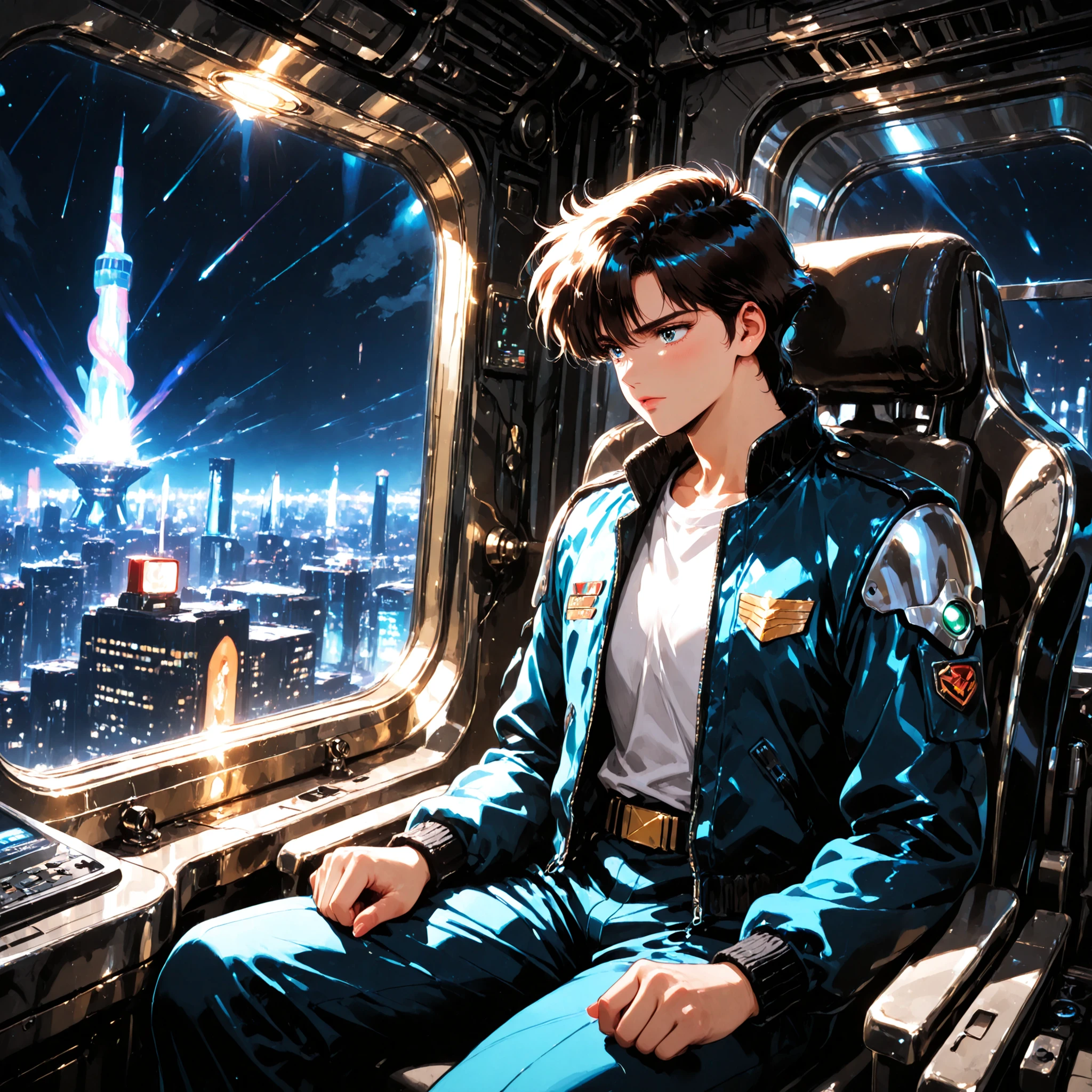80s anime cel art, retro manga style, line art, faceless android. Sleek chrome body with visible seams, sitting contemplative on a metal girder overlooking a sprawling, neon-drenched megacity at night. Wears a worn pilot jacket draped over its shoulders. Lighting is atmospheric, dominated by ambient city glow and sharp neon reflections on its smooth head. Focus on isolation, retro-futuristic design, and atmospheric perspective.