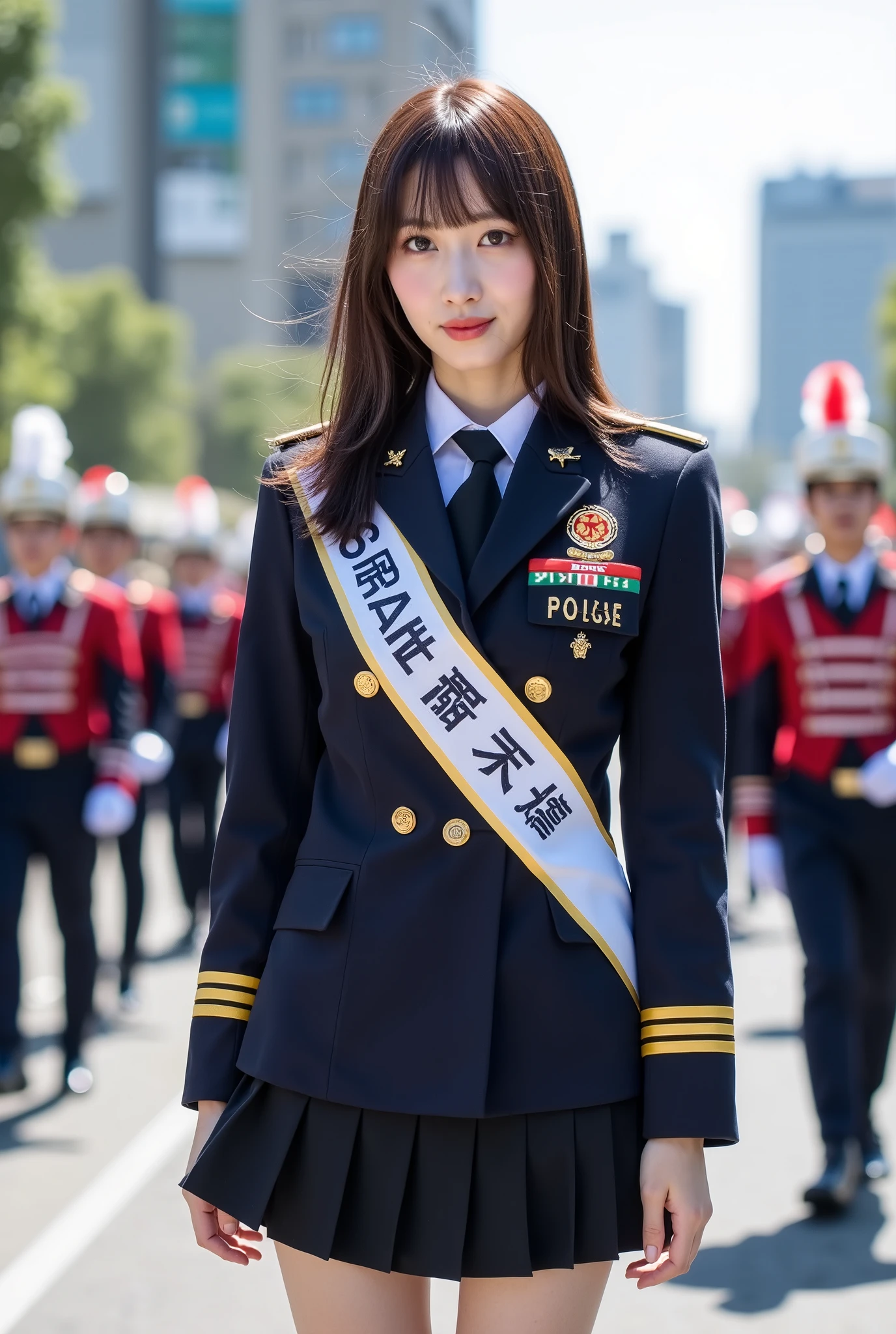 Create a portrait of a very beautiful Japanese female singer. She has a slender physique, medium-sized breasts, and thin legs. Her hair is medium-length. She is dressed in a Japanese police uniform, serving as a "One-Day Police Chief," with a sash that reads "一日警察署長." The scene captures her participating in a parade, positioned in the front row of the police band as a baton girl. The image should be a full-body shot.