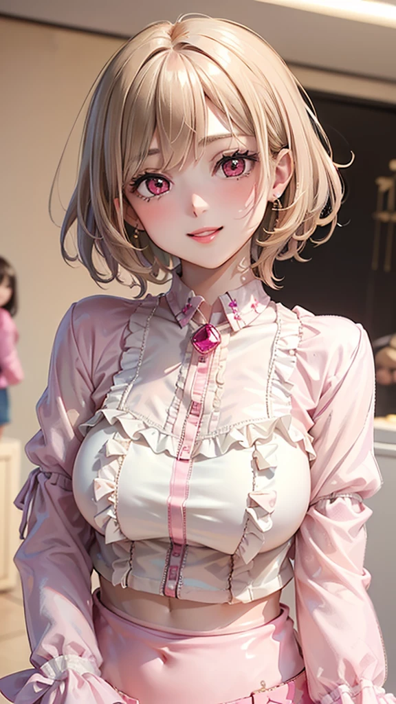 (Masterpiece, BestQuality:1.3), (ultra detailed:1.2), (hyperrealistic:1.3), (RAW photo:1.2), High detail RAW color photo, professional photograph, (Photorealistic:1.4), (realistic:1.4), (Pink Hair:1.5), professional lighting, perfect anatomy, (Big Breasts:1.2), (blush, detailed face), (cheerful Smile:1.5), Trending Hair&Trending Hairカラーをランダムに, earrings, necklace, bracelet, sexly, erotic sexly, Random sexy gravure poses, (A woman wearing a white blouse and tight skirt is standing by the window in the office、Show a sexy look。With a ponytail hairstyle、One hand on the desk。:1.3)