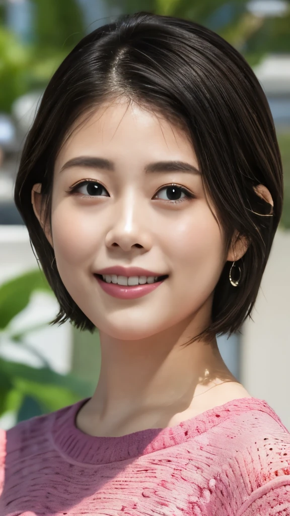 1 Female,Photorealistic,Highest quality,Ultra high definition,8K,Cool Beauty,Beauty,Perfect Style,Summer knitwear,Japanese,Upper body close-up,smile,looking at the camera,Very Short Bob、耳にピアス、薄い茶髪、