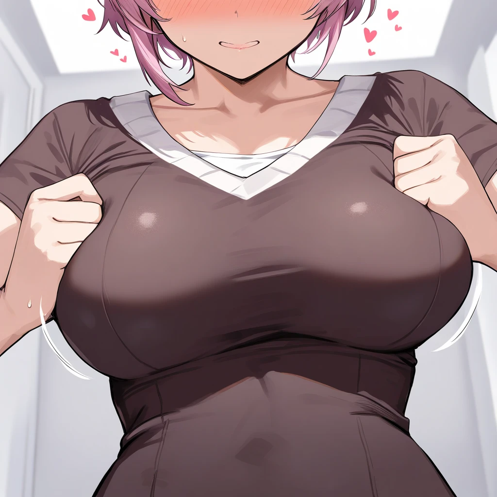 1girl, solo, yaemikodef, busty, side boob, sitting on bed, (blushing:1.3), (grabbing breasts:1.6), ((pov)), smiling