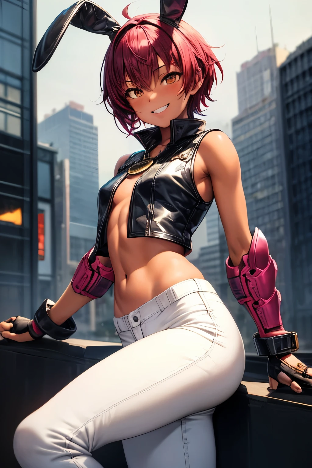 20 year old girl, short auburn hair wavy at bottom, purple eyes, sharp teeth, freckles, skull earrings, tan skin, spiked collar, toned muscles, purple bra, black open vest, red fingerless gloves, ripped jeans, bandaged bare feet