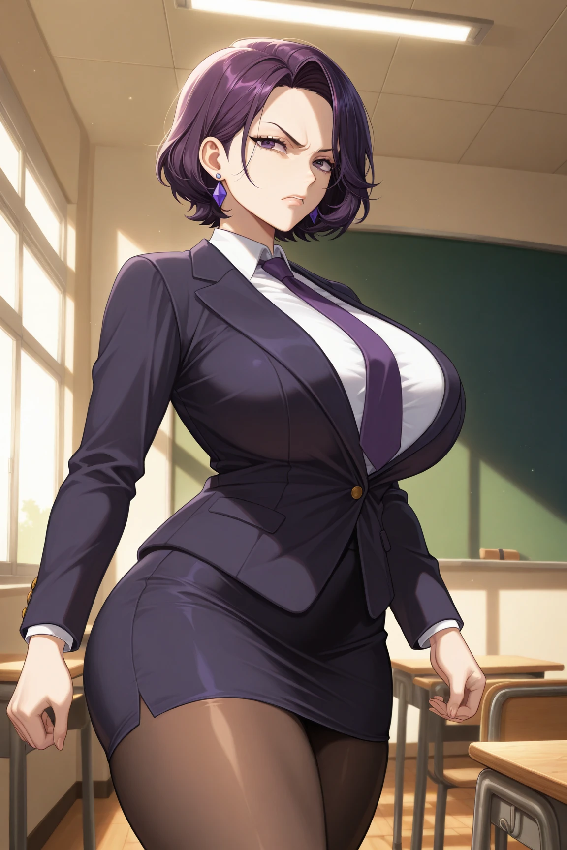 (highres, high quality:1.3), intricate details, cinematic lighting, sharp focus, depth of field,
KuroseKatsuko, 1girl, solo, mature female, looking at viewer, standing, from below, cowboy shot, complex background, park, sky, tree, city,
serious, embarrassed, blush, holding book, open mouth,
[brown|black] hair, short hair, blunt bang, hair bun, ribbon, makeup, lipstick, eyelashes, brown eyes, detailed eyes, glasses, perfect face,
suit, jacket, skirt, black pantyhose,
huge breasts, curvy, chubby, thighs, 
