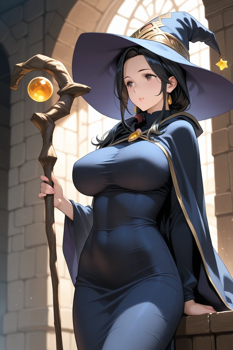  Witch woman, black hair, grey eyes, blue clothes, strong and imposing, illustration of a war scene, centralized image, a single image on a single card, with bronze and silver-gold borders,
