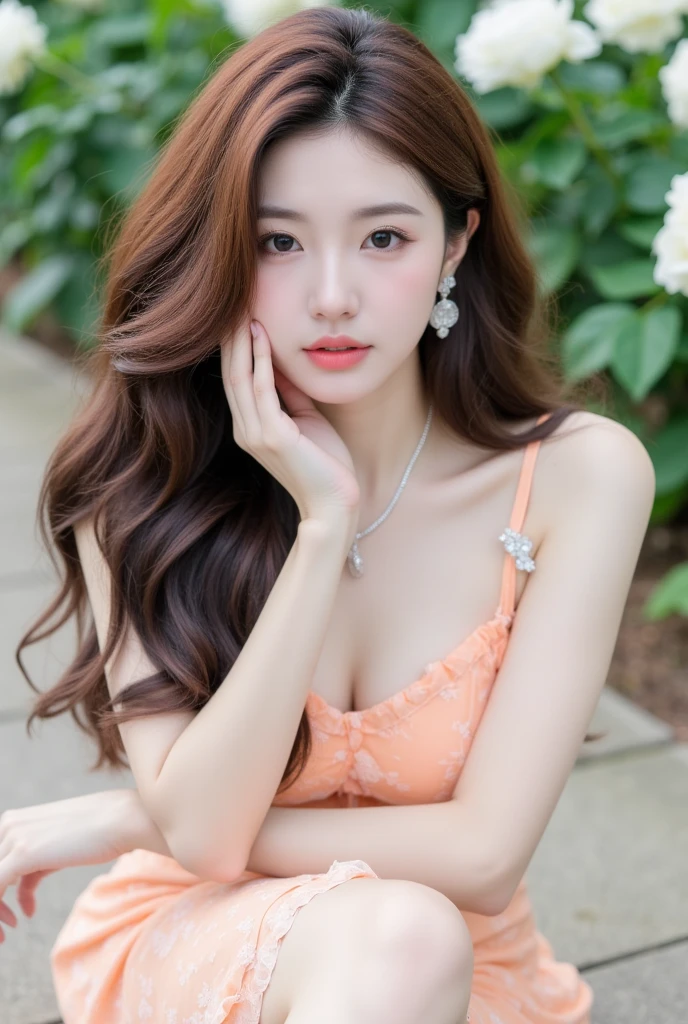 (Masterpiece, photo-realistic, high resolution, 8k,ultra resolution), Complete dynamic configuration, Korean Background, beautiful detailed eyes, normal sized eyes, middle long straight hair, red hair vibrant lips, big breasts, Random and plain generic poses, random case, winked, 30 year old woman, Korean woman, (drooping eyes 1.2), (sagging eyebrows 1.2), very beautiful appearance, slim body, natural makeup, sexy body, perfect body, center, full-length, (looking at camera)