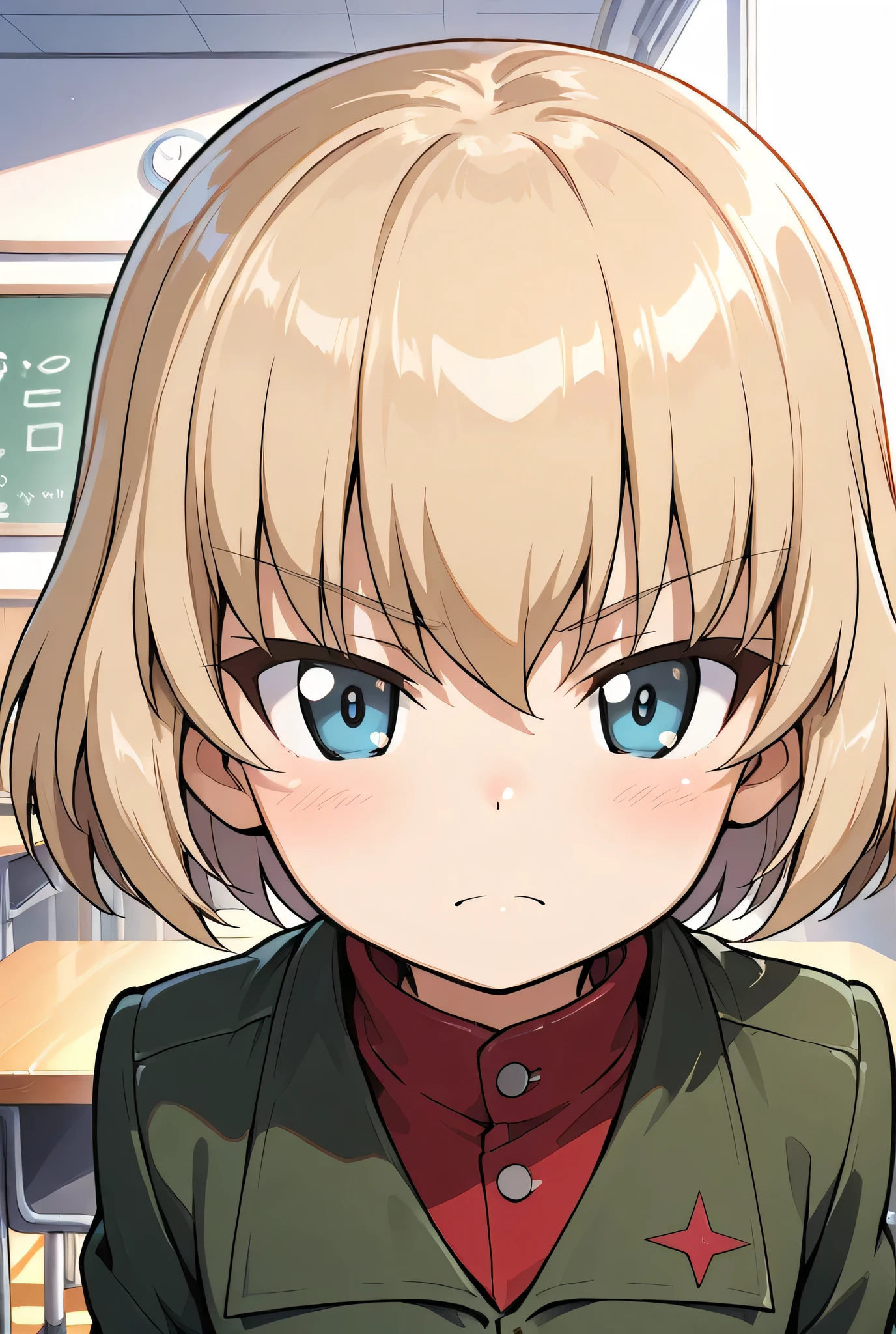 katyusha \(girls und panzer\),pravda school uniform,classroom,face focus,front view,looking at viewer,