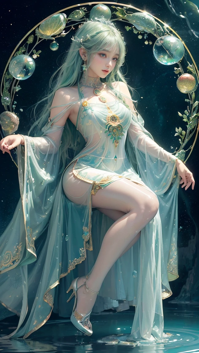 Masterpiece, Best Quality, 1 Girl, solo, (Heterochromia, Purple right eye:1.6, Red left eye), (turquoise hair :2.0) (Straight hair), (Long hair: 1.4), (turquoise dress: 1.4), (long-sleeved dress:1.2), (Shoulder-baring
outfit)(black necktie:1.2),
(Overall impression of the screen is green and black gradation)