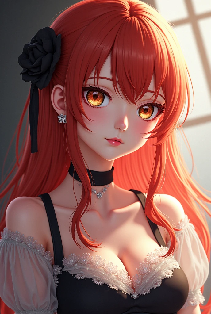 Best, Masterpiece, High Resolution, Best Quality, Ultra HD, Super Detail, Award-Standing, 16k, Solo, (Upper Body), Anatomically Correct, Beautiful demon Maiden, Cute Face, Highlights, Gradient fiery red Hair, Hair Strands, (((Heterochromia))), Long Eyelashes, Hanging Eye Corners, Fair Skin, (Small), (Slim Body), ((white frilled_dress)), short skirt, Stud Earrings, (Neck Rings),