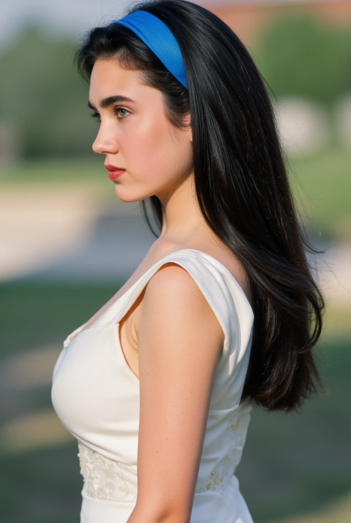 a beautiful detailed portrait of a young woman with long black hair, wearing a white dress, standing in a park, photorealistic, ultra-detailed, hyperrealistic, 8k, highly detailed face, striking eyes, full lips, porcelain skin, cinematic lighting, vivid colors, dramatic shadows, intricate details, delicate features, elegant pose, serene expression, lush greenery in the background, dappled sunlight, atmospheric, moody, captivating