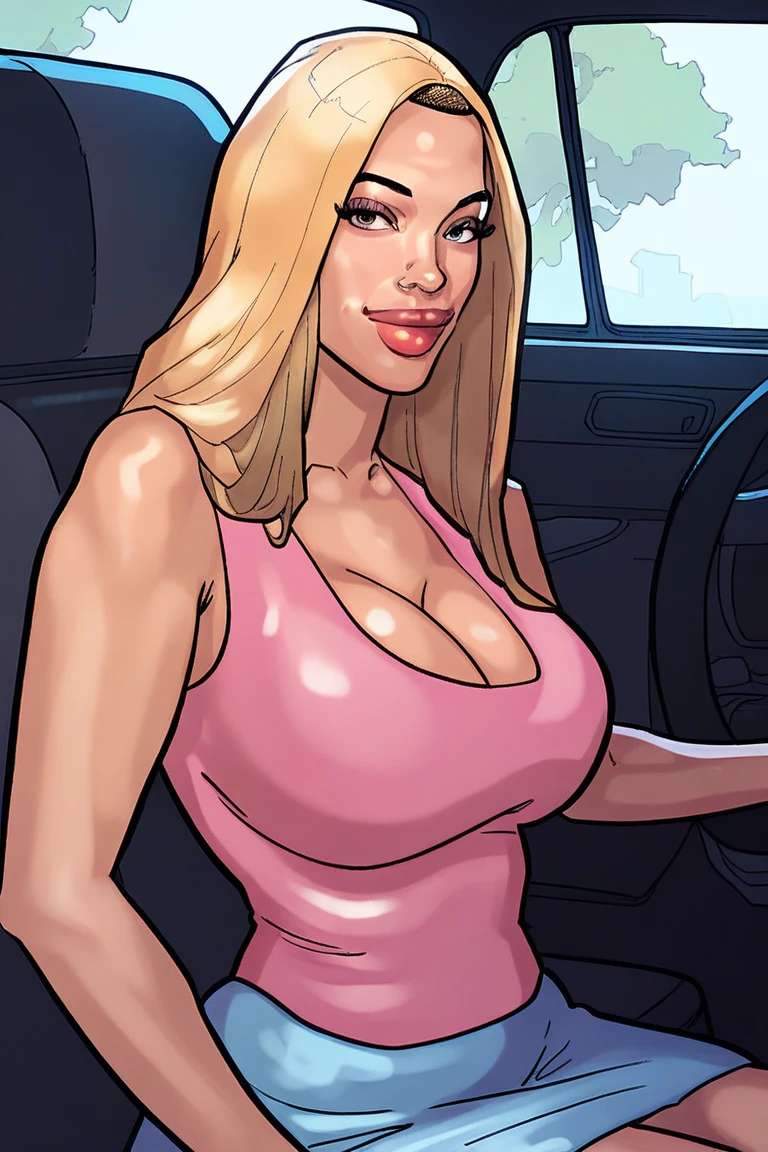 Trish Stratus huge breasts blonde hair attractive young face thick lips thick lips wearing pink shirt and in mall