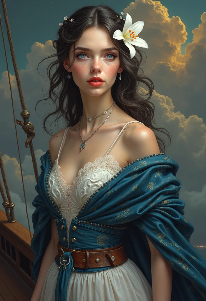Arad woman in white dress standing on boat, inspired by Magaly Villeneuve, gorgeous digital paintings, beautiful fantasy art portraits, beautiful digital artwork