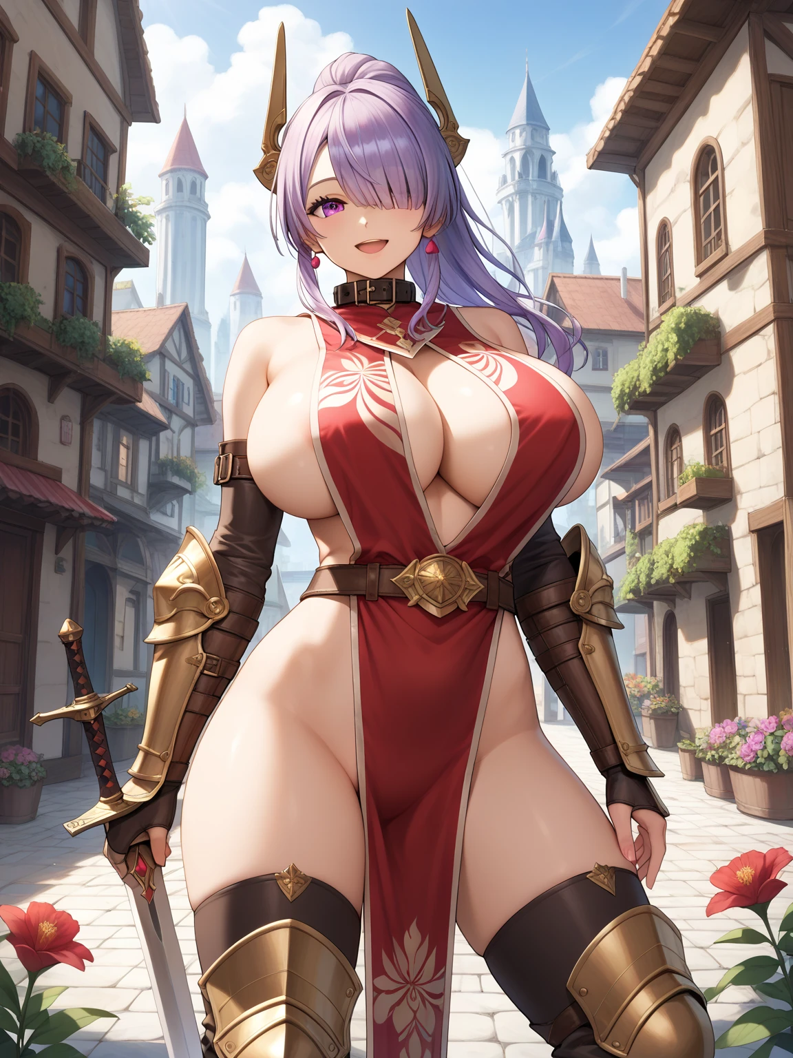 Hentai、High resolution、Colosseum in ancient Rome、A busty, chubby slave gladiator in stylish armor smiles and charms the audience.、Artoria Alter、Perfect proportions、Cowboy Shot、Fatty thick legs、Sweaty、Clear eyes
