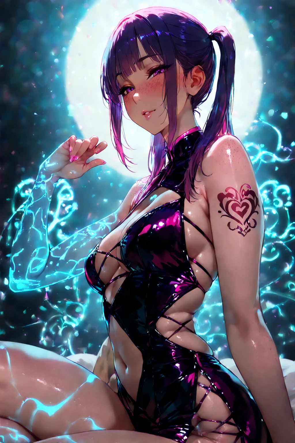 view from above, succubus, light skin, red hair, ahegao, glowing womb tattoo, tongue out, very long tongue, one eye closed, perfect body, heart shaped iris, body mostly covered in purple slime, dripping, saliva dripping, fishnets, succubus emerging with ecstasy from deep purple slime pool, drinking purple liquid drops, tilting head in anticipation towards liquid drips, wet skin, mind break effect, masterpiece, hyper realistic anime art, sticky purple liquid , bathing in purple liquid, erotic pose, seductive, begging --auto --s2