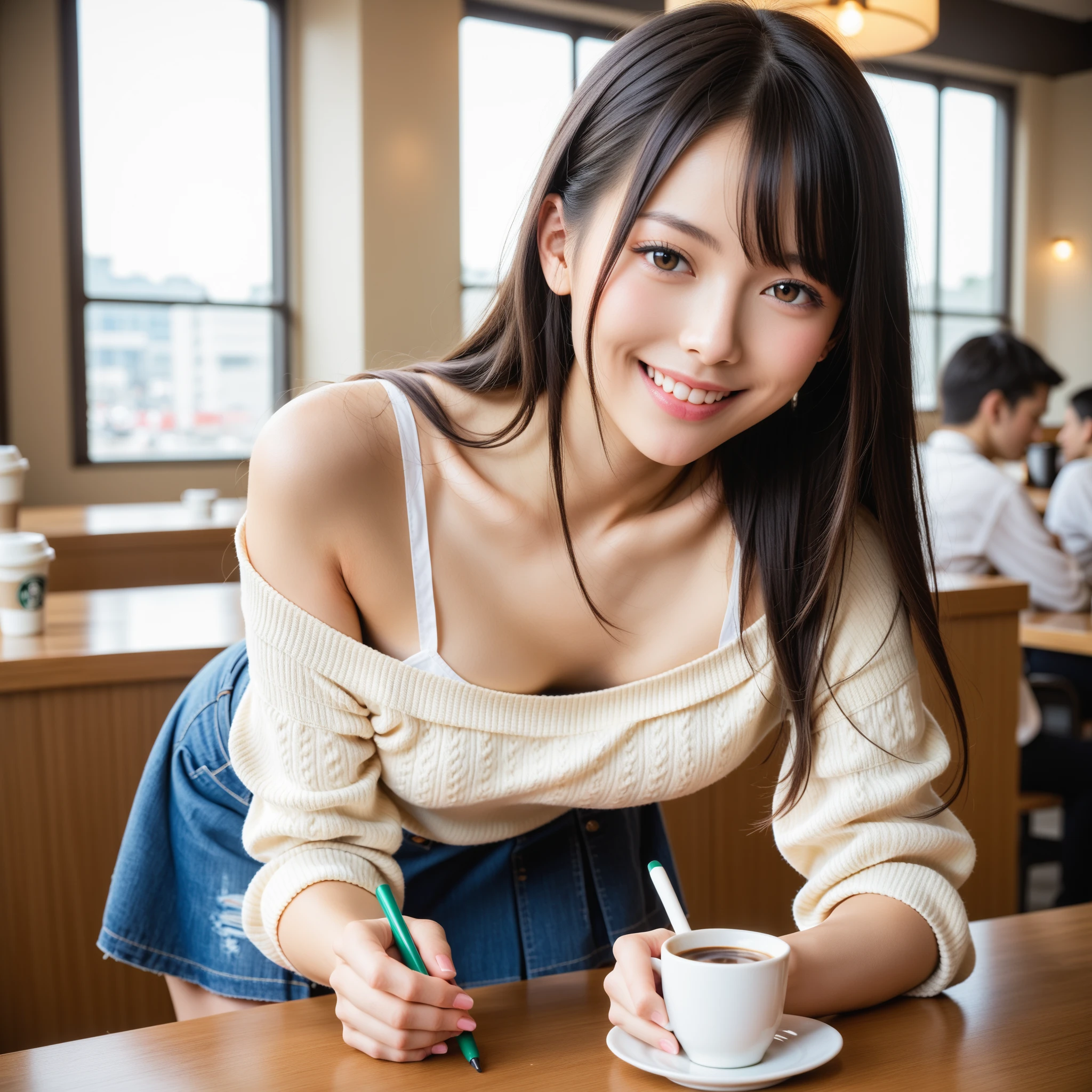 Japanese university students chatting happily while drinking coffee at a cafe.、Sitting on the sofa、Very short skirt、I can see my feet from under the desk、cafes、Looking into the distance、ami、portrait shooting、Very detailed face、Face like an idol、One leg is raised、You can clearly see the panties、extremely short skirts、slit、Thigh、Legs wide open、Looking into the distance、Model body type、Opening legs