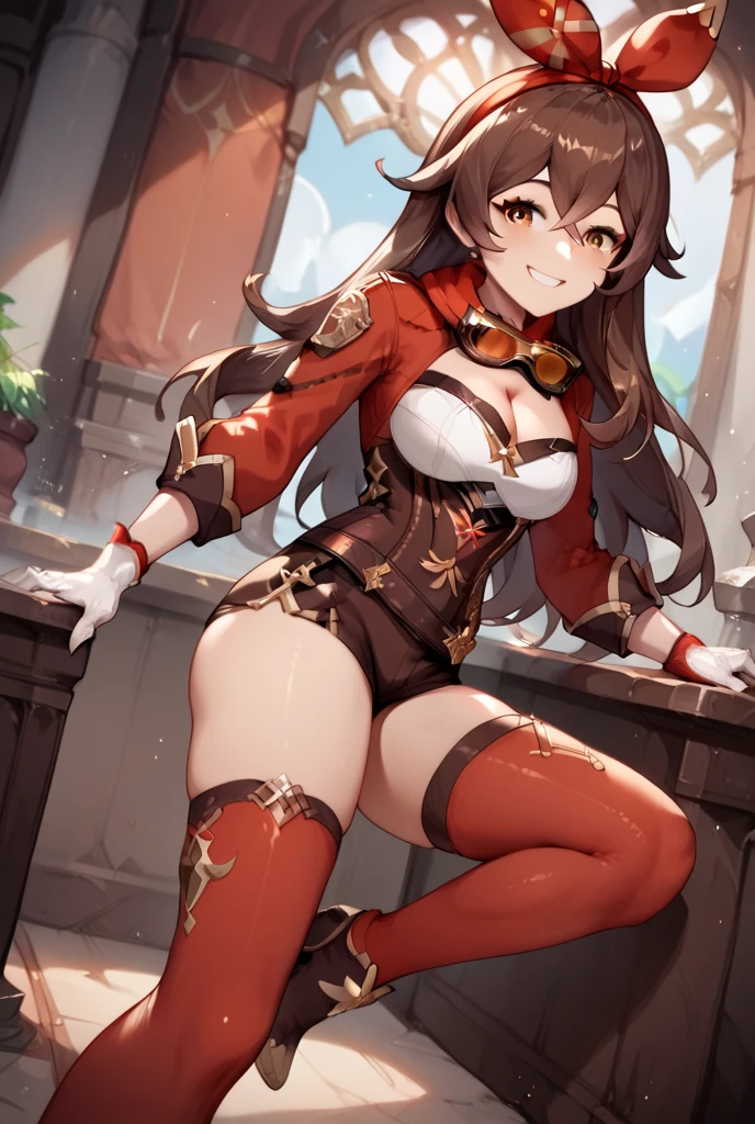 masterpiece, highest quality, soft lighting, disorganized, looking at the viewer, alone, smile, goggles on head, amber \(genshin impact\), brown eyes, brown hair, long hair, Red Hair Ribbon, leather gloves, Thighhighs, white boots, big breasts, cleavage cutout, shrug \whole body, stand on one leg, Overgrown ruins, Mountain,(NSFW),nude,