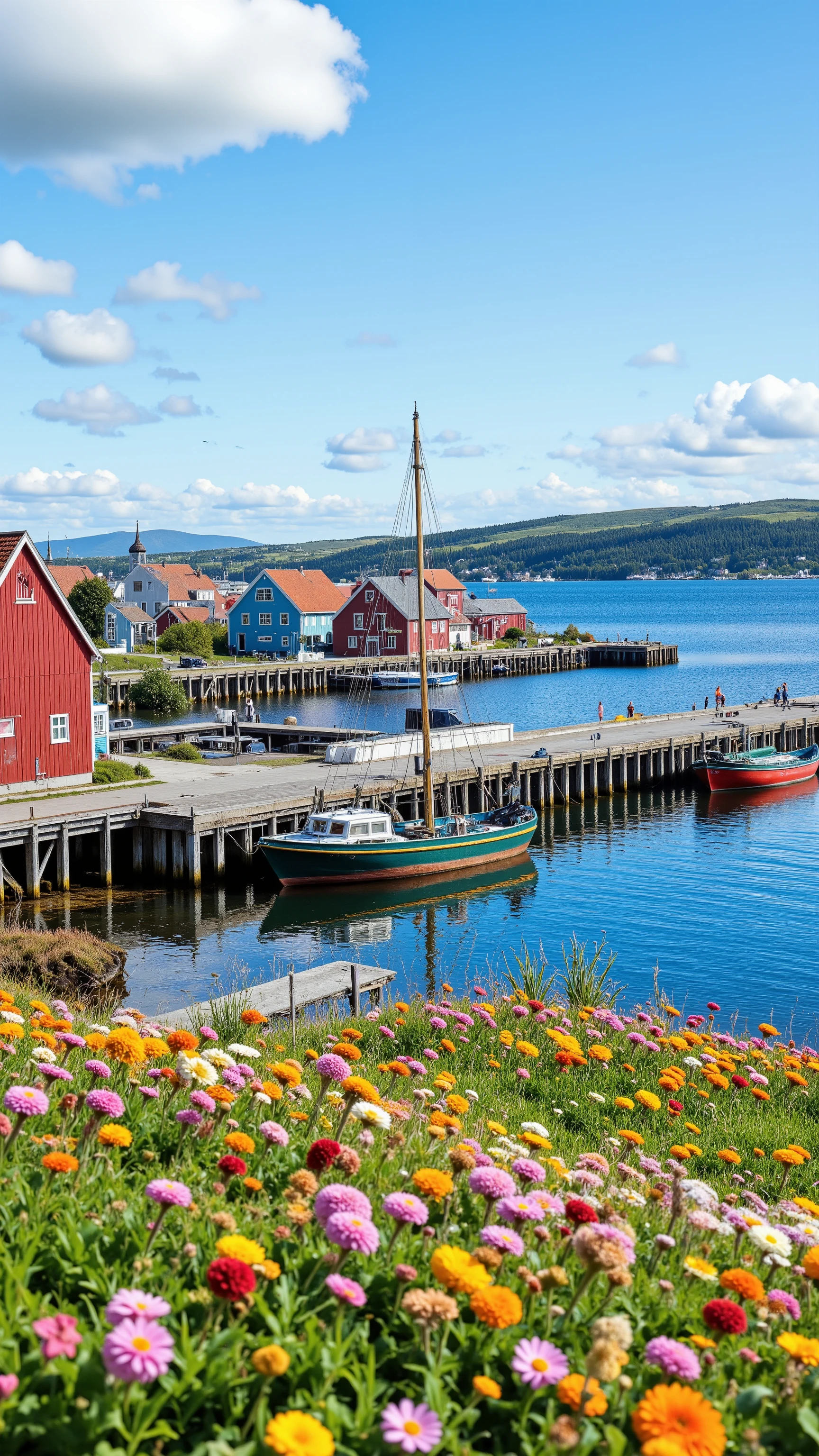 masterpiece、Highest Quality、Detailed 8K Wallpaper、scenery、起伏の激しい漁村のscenery画像、Colorful wild flowers、Fishing Village and Ocean Views、nature、Red, Blue, and Green Swedish House Fishing Village Facing the Sea、Fishing Boats and Harbors、Blue Sky That Seems to Pass Through、depth of field、high resolution、photorealism、Very Detailed Live Action Images、high detail、Dramatic、