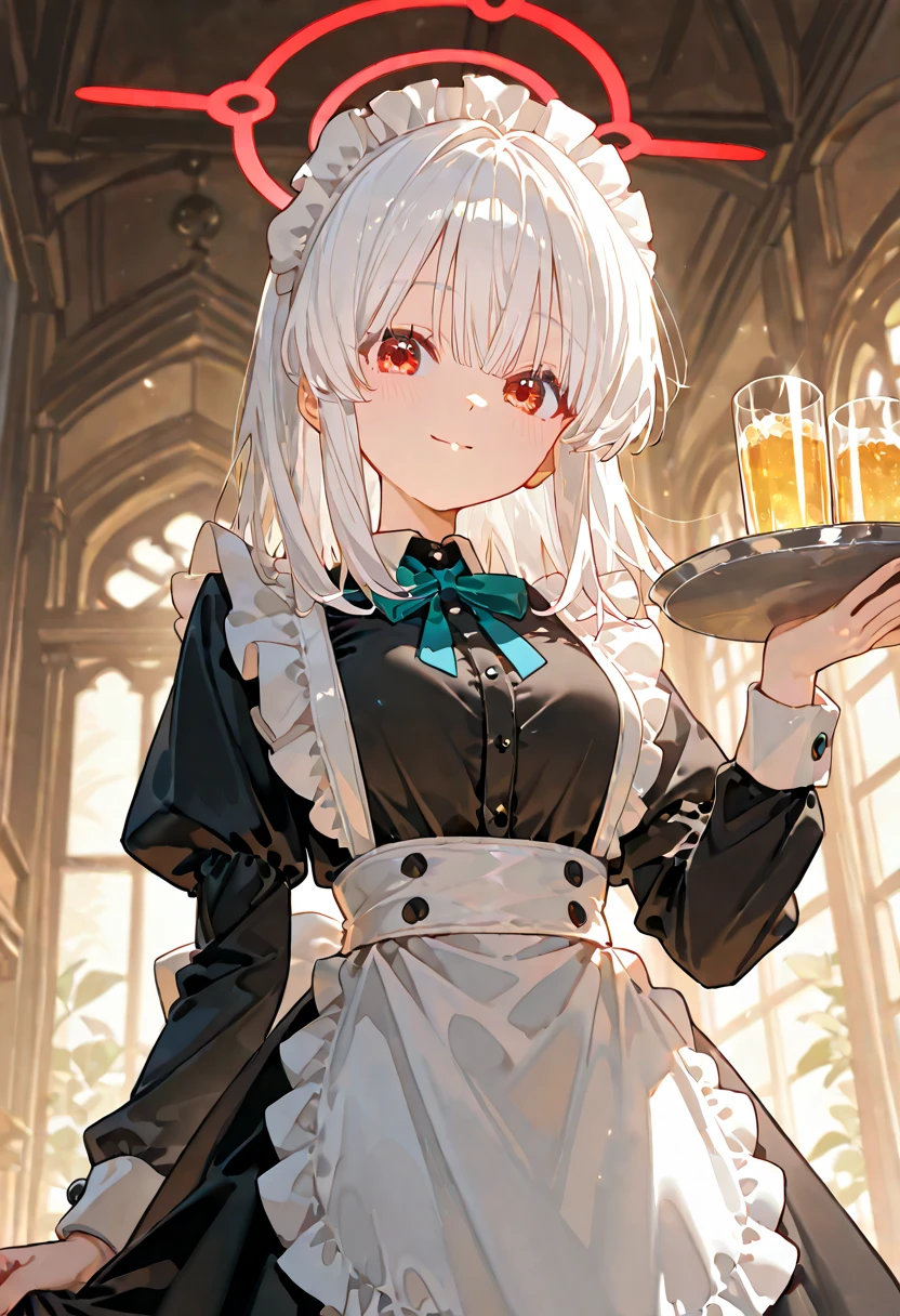 (masterpiece), best quality, expressive eyes, perfect face,1girl,(nahida:0.6),genshin impact,maid,waitress,light green maid costume,cleavage,frilled dress,frilled skirt,curvy,long detached gloves,thigh high stockings,thigh strap,blush,shy smile,cowboy shot,indoors,crowd,cafe,tray,holding tray,drinks,serving,heart choker,spoken heart