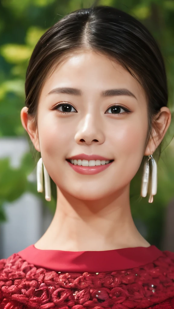 1 Female,Photorealistic,Highest quality,Ultra high definition,8K,Cool Beauty,Beauty,Perfect Style,Summer knitwear,Japanese,Upper body close-up,smile,looking at the camera,Very Short Bob、耳にピアス、茶髪、ネックレス