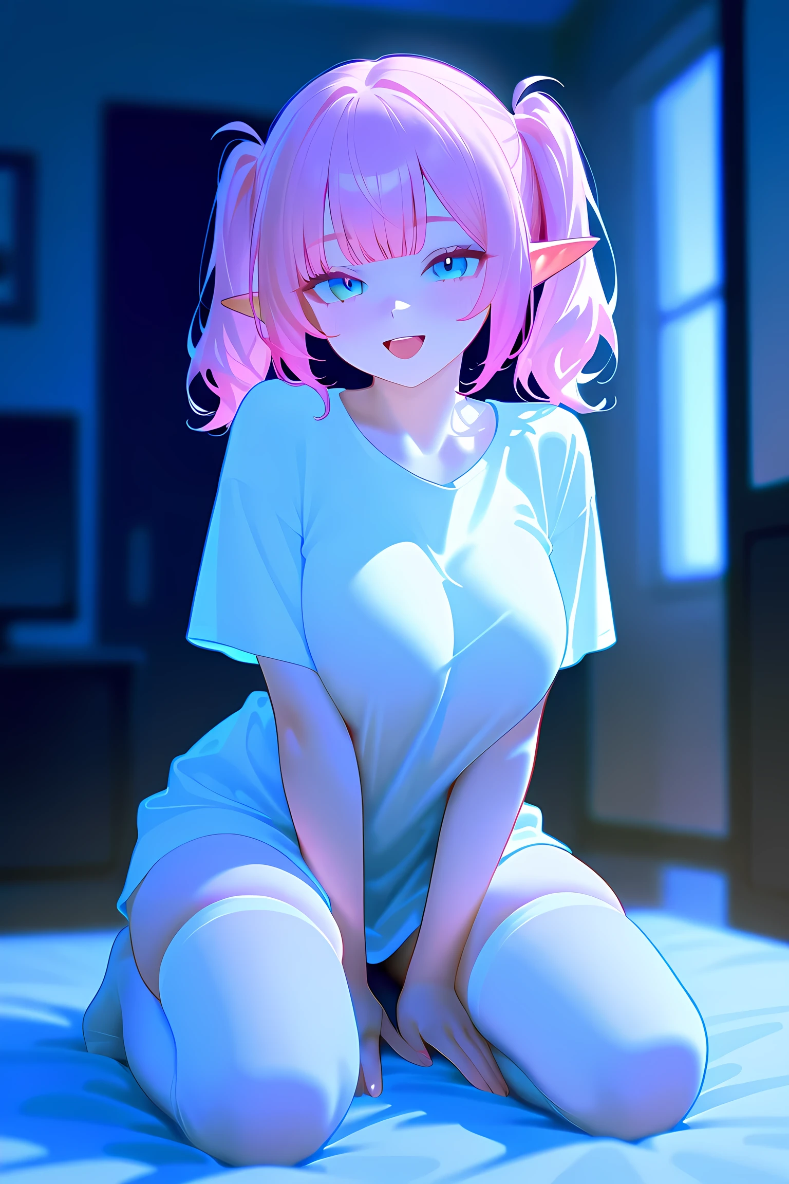 A beautiful young girl, short pink hair, light blue eyes, medium tits, big ass, perverted smile, wears a baggy t-shirt that highlights her breasts, is sitting on a sofa in front of a TV
