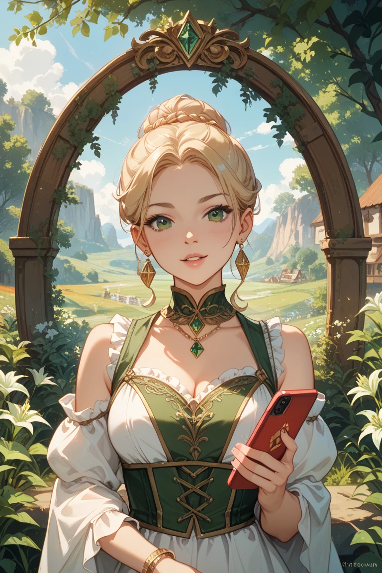 A 38-year-old Finnish woman, smiling, Svenja Lindstroem, royal 1620th era corset dress, blonde hair bunned up, British castle. Realistic, phone photography, wearing a croc-skin blue-green tiger print corset and long-sleeve frill blouse dress and pumps, standing in an Irish pub