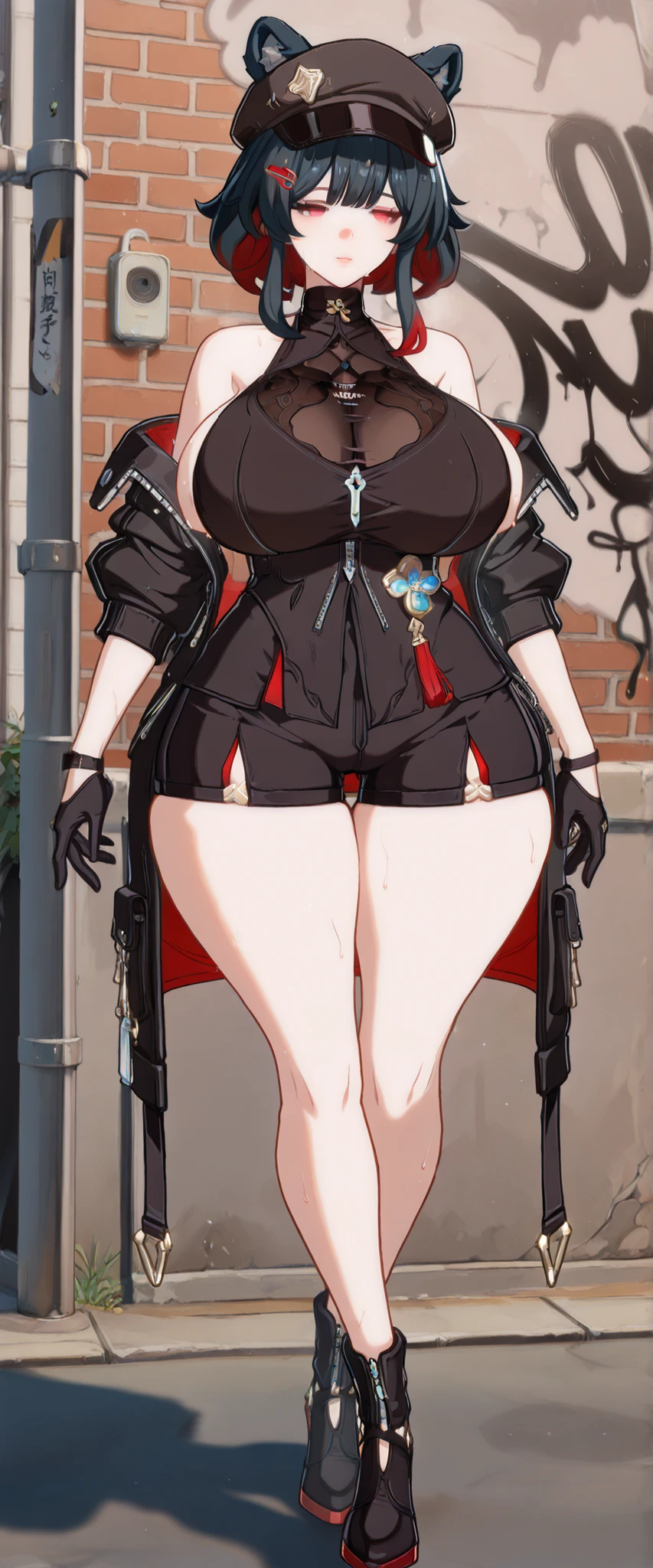 Full body image, front, One girl, 18-year-old, Mix 4, (32K, RAW Photos, Highest quality, masterpiece:1.2), (Anime-like, photoAnime-like:1.37), cute, Short sleeve T-shirt,Shorts,Black knee socks, night, rain, Humidity, Professional Lighting, Photon Mapping, Radio City, Physically Based Rendering, Super Resolution, (Big Breasts:1.2), {{The biological weapon that had preyed on the younger sister took her place and reunited with the older brother, The rebellious little sister has become the obedient little sister}}, Girl Skull, whole body, NSFW