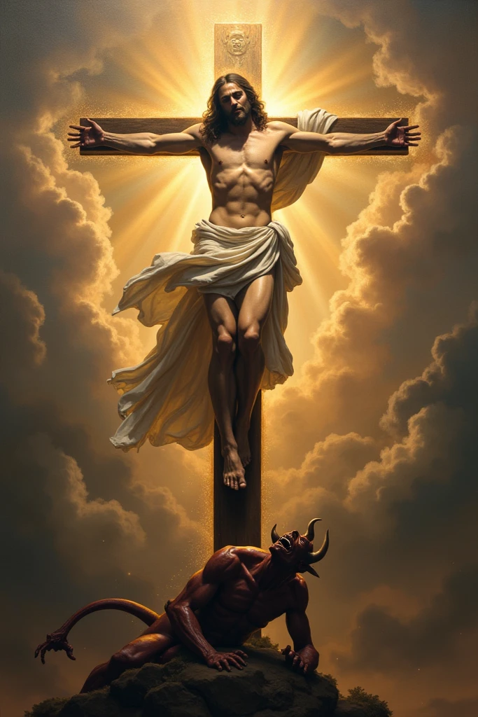 fallen angel chained in a cross, but only in torso and the hands and behing the cross; front view, face full of rage and looking to us with bright eyes; beautiful man; caravaggio oil painting; realism; mid lenght hair; background with a lot of detail; inferior half body destroyed with legs destroyed; and blood; show hands becomings into fangs, and arms downs; the cross in stone with some ornament; show bull body and a bigger background with a lot of cross's in land; the body in the cross is some meters above the ground; depressed; and the wings broken in the floor