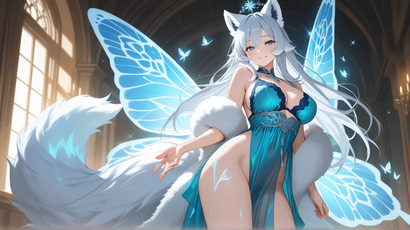 Against the background of the stars of the Heavenly Universe,A messy head,Pink and purple gradient hair,Acne-grown fox ears and fox tail,Pupils in pink color,There is a pair of blue-green butterfly wings on the back,Dressed in light cream white clothes,It is embellished with four colors: gold powder, blue and purple,is a cute girl