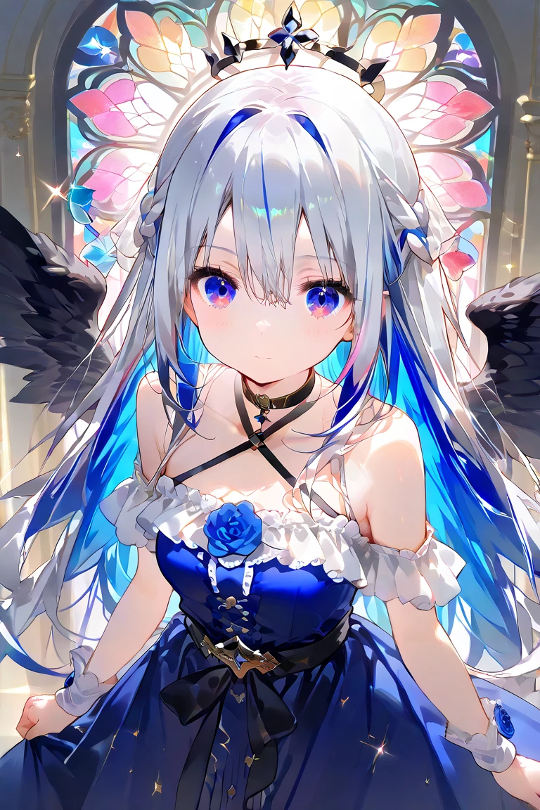 ((Top Quality)), ((Masterpiece)), (Details), Perfect Face,Winter (Flower Night), very short, small breasts, young, , one girl, cold, gentle smile, extremely long white hair, black thorn decoration, wedding ceremony using white, light blue, and light purple. Costume, snowflakes in the eyes, and a birdcage filled with sparkling blue roses,Only one side has wings,A pale blue rose-shaped crown floats above her head,Maid outfit with lots of light blue