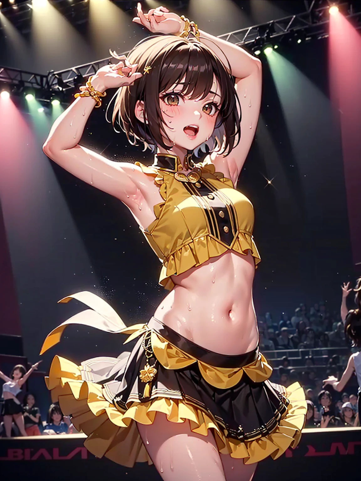 (((Sexy dancer))), (((Dancer costume, Navel, skirt))), ((Shiny Costumes)), skindentation, skinny, solo, 1 woman, Masterpiece, highest quality, highest quality, 16K, incredibly absurd, highly detailed, 2.5D, ai-generated, delicate and dynamic, very delicate facial expressions, delicate eye depiction, erotic, only sexy woman, ((A cute and kind face)), healthy figure, ((25-year-old woman)), 160cm tall, medium firm swaying bust, , blush, Sweat,Embarrassed,sexy, ((thin thighs)), (camel toe:0.7), (visible nipples:0.7), (Erect nipples,:0.7), shiny and lustrous, facing straight at viewer, (((in heat))), ((Oily_skin)), ((Lots of sweat)), (((Brown Skin))), ((dutch angle)), ((erotic pose)), ((On a very bright stage)), (Metallic shiny outfit:0.5), (((Dancing vigorously))),