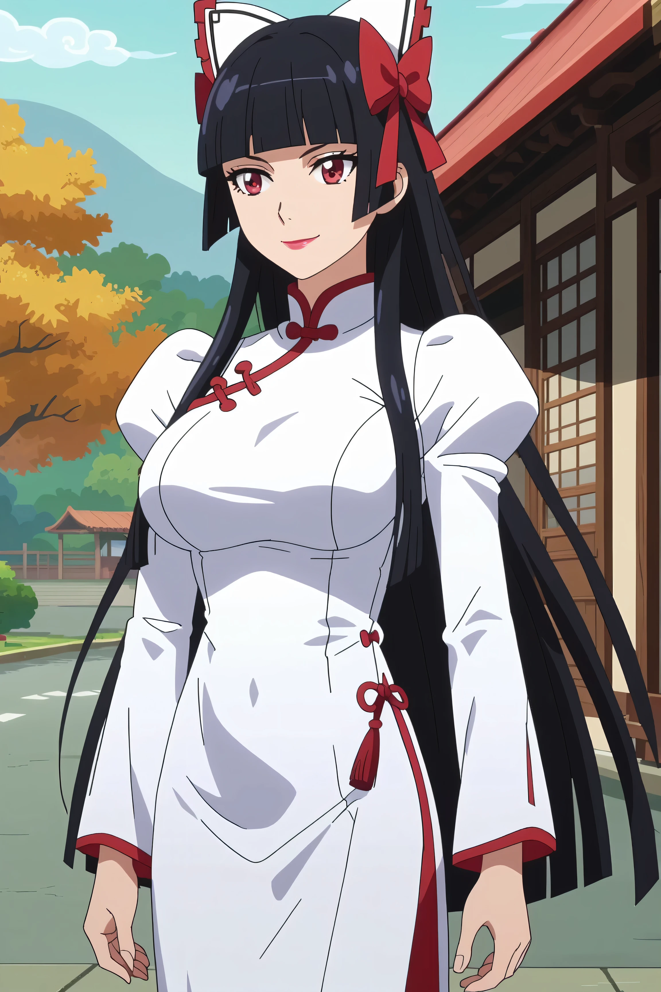 score_7_up, anime screencap,
RoryMercury,
1girl, closed mouth, light smile,
long hair, black hair, red eyes, hime cut, blunt bangs, lipstick, hair bow,
over shoulder, Big breasts, vietnamese dress, pants, long sleeves,
solo, cowboy shot, Boutdoors,