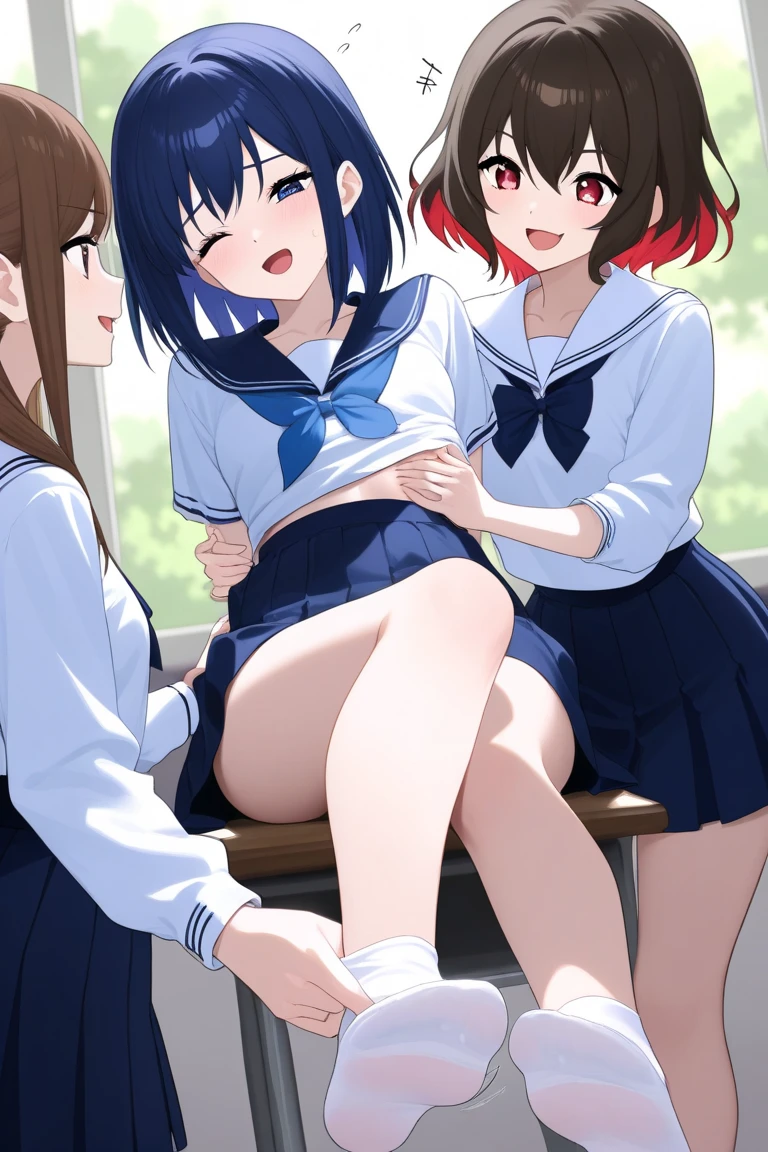 shinkai makoto, Kimi No Na Wa.,
Detailed Background、Beautiful and elaborate face、Beautiful, smooth skin、Skin Texture、Beautiful age girl、((Three beautiful girls))、Short black hair、Cute hairstyle、smile、Laughter、sexual expression、Sailor suit,Pleated skirt,Nipples,Nipples,Pussy,Pussy,Indoor shoes,Spread your legs,Show your crotch,,Open up,Pussyひらく,Love juice,,