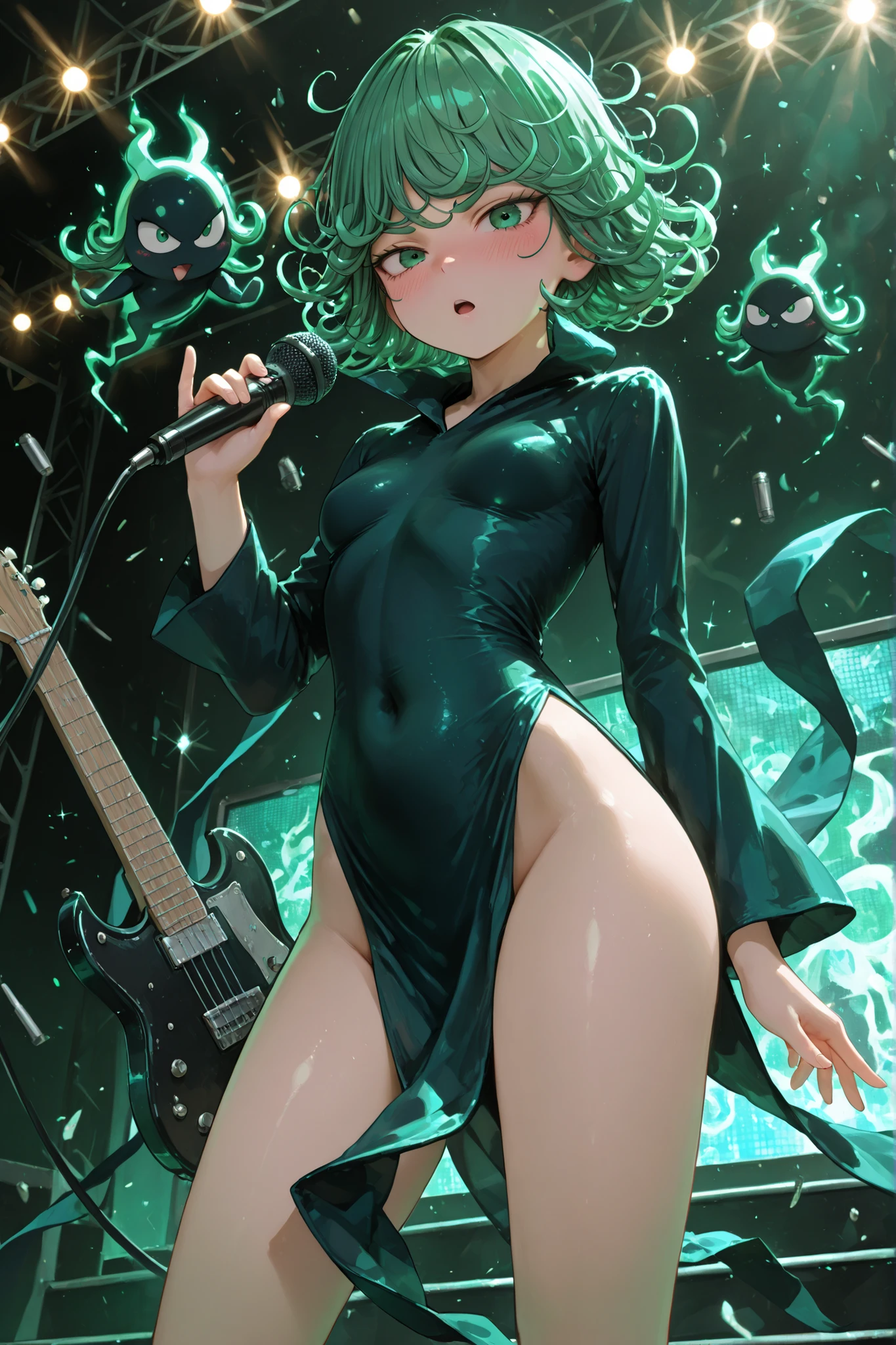 1 girl, tatsumaki, petite, psychic, flipped hair, levitation, curly hair, pelvic curtain, floating microphone, covered navel, floating, dress, short hair, thighs, green hair, telekinesis, standing, on a stage, show, singing, looking at viewer, shy, blushing, floating guitar, lights, pretty, attractive, sensual, best quality