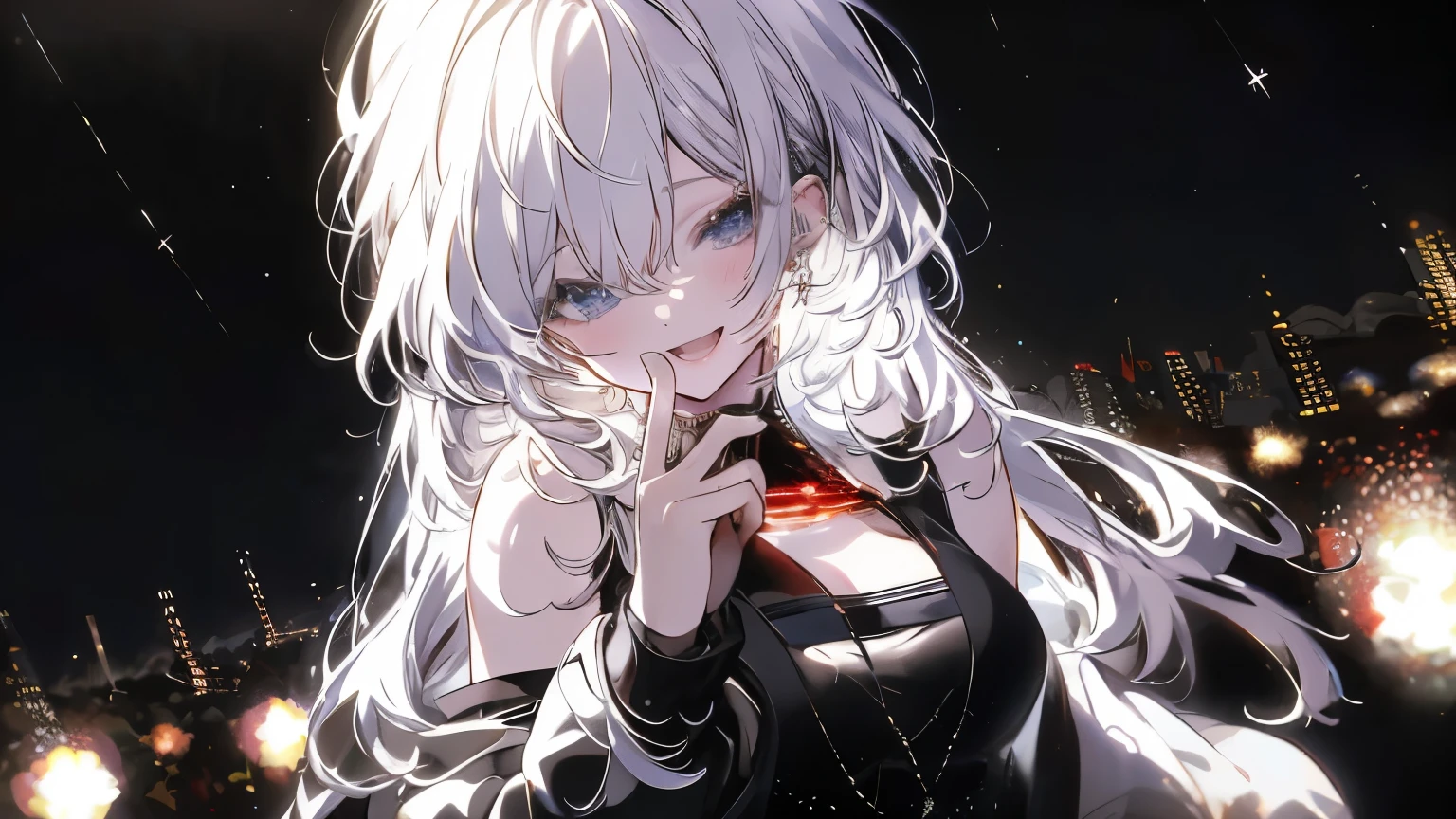 super realistic, 4k HD image , Highest Quality, SUPER SHARP, brilliant concert in the night, music blending with the starry sky, stage lighting everywhere, camera pointing from the audience to the stage, audience cheering the singers, super attractive and sexy anime singer, sunshine singing smile, brilliant aura, full 4-finger charm, soft shifting fingers