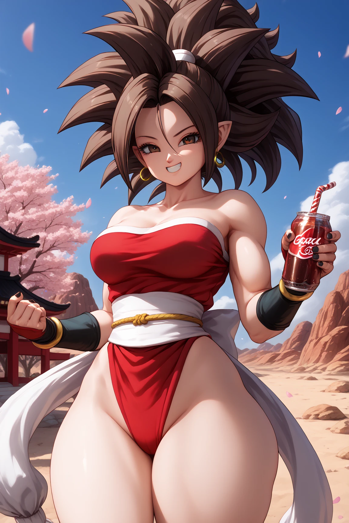 [NSFW) RAW photo, (high detailed skin, detailed eyes:1.1), intricate details, best quality, 8k uhd, soft lighting, Vegetto, breasts, (female:1.2), 1girl, earrings, jewelry, white gloves, spiked hair, dougi, smile, dark brown hair, black eyes, saiyan, large breasts, yellow potara earrings, large breasts, wide hips, curvy, thin waist, red collar, solo girl, armpits, arms up, large breasts, wide hips, curvy, thin waist, nipple covered, black arm sleeves, abs, muscular female, 6 pack, muscles, beach background, sexy