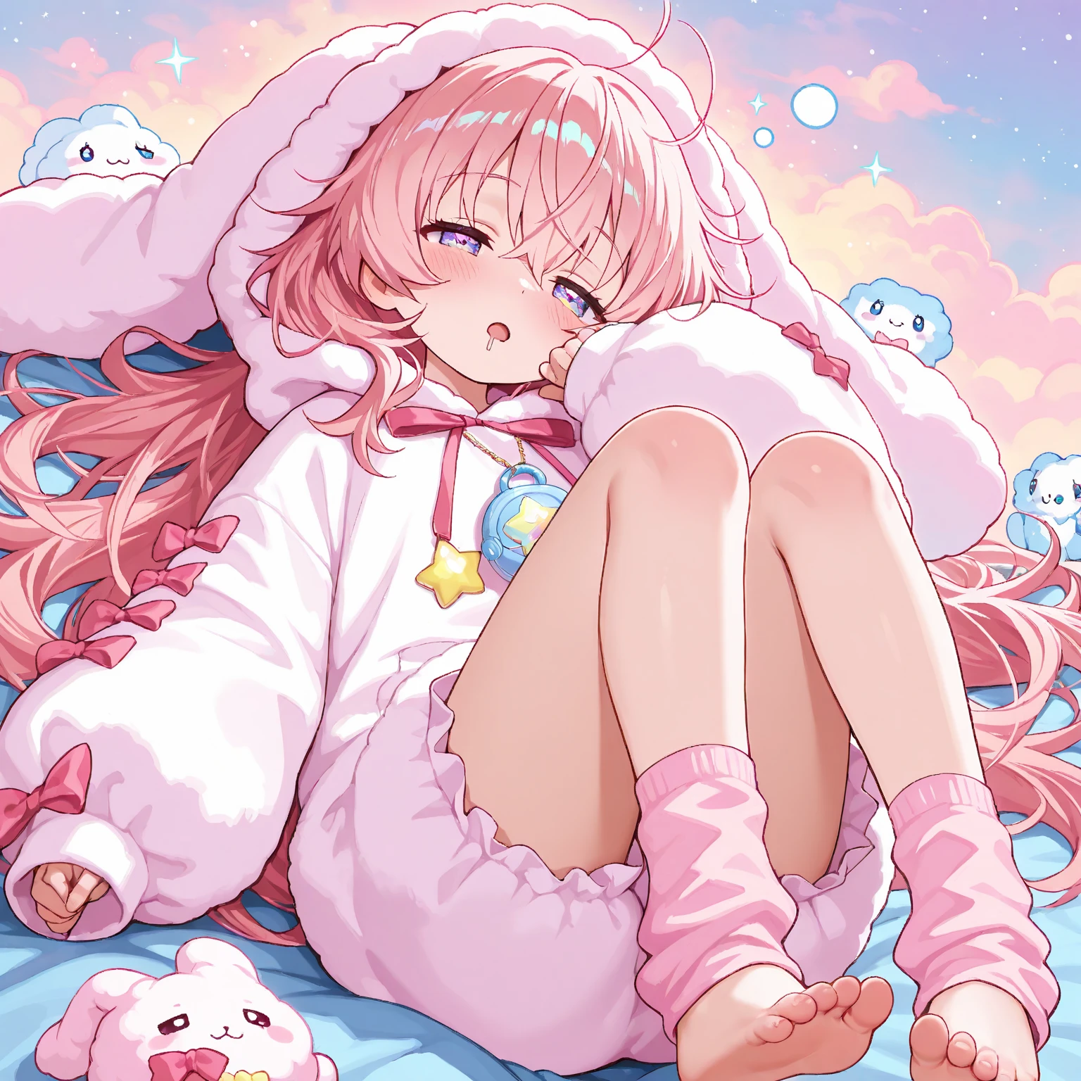 (score_9,score_8_up,score_7_up),1girl, cute girl inside cute room, feet up, feet, smiling, teddy bear, pink hair, pillows