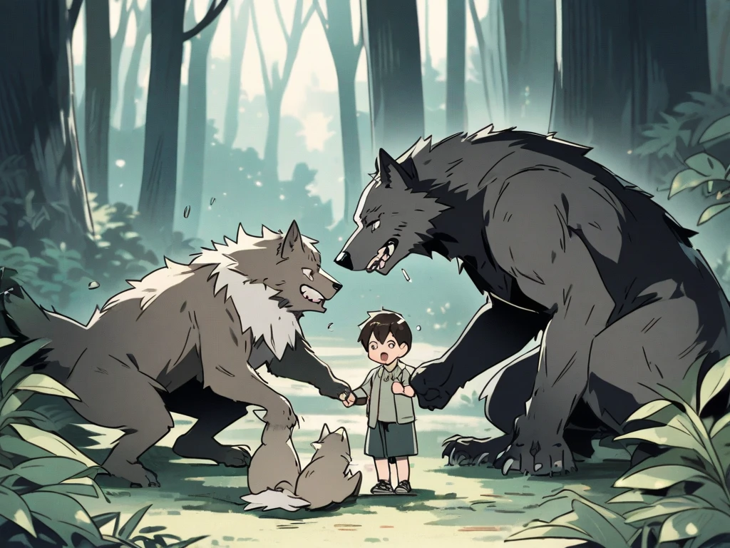 highres, unparalleled masterpiece, absurdres, love story of human girl and giant Werewolf, pair, Height difference, Physical difference, perfect anatomy, smile, joyful, play with, smile, happy, facial expressions, full body,