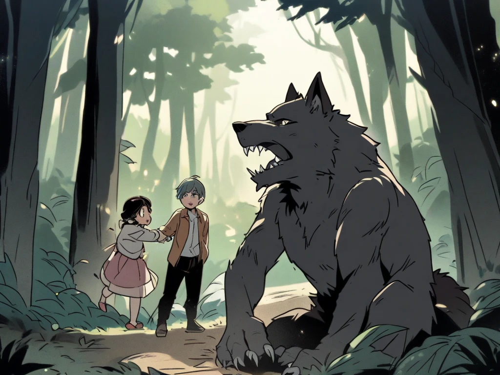 watercolor, soft color, Vintage images, highres, unparalleled masterpiece, absurdres, love story of human Child girl and giant Werewolf, love romance, The princess and the prince, family photograph, pair, Height difference, Physical difference, perfect anatomy, smile, joyful, play with, smile, happy, watercolor,