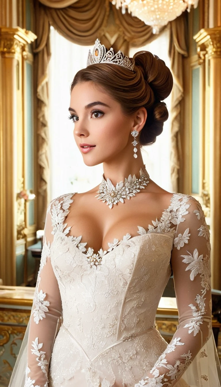 A hyper-realistic portrait of a young, elegant princess with light brown hair styled in a sophisticated updo. She is wearing a stunning white lace gown with intricate floral patterns and a high neckline. The princess is adorned with a delicate, ornate tiara and matching earrings. The background features an elaborate, vintage-style room with a soft, serene ambiance, capturing the regal and graceful essence of royalty.