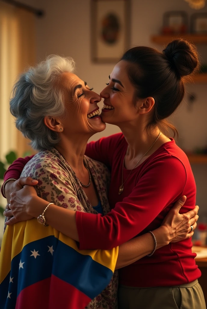 A video with a photo of a mother and daughter, Mother aged between 59 and 60 short curly hair almost like a man, flat and somewhat robust nose. Daughter 35 to 50 years old black hair with ponytail, robust with red bracelets on her hand. hugging.