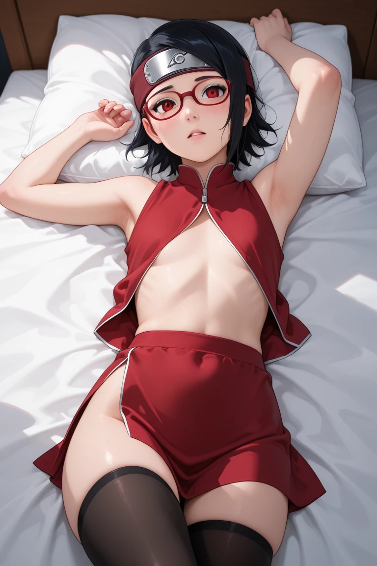 Sarada uchiha, glasses, red eyes, sharingan eyes, short black hair, Sarada uchiha, masterpiece, best quality,official art,extremely detailed CG unity 8k wallpaper, ((top quality, 8k, masterpiece: 1.3, ultra hd, high quality, best quality, sharp focus: 1.5, pornographic exposure, Dark Cinematic Lighting, bedroom settings, Glossy skin, shinny skin, slim and skinny body, armpits, perfect armpits, showing armpits, belly, slim waist, small breast, flat chest, nipples, Areola nipples, red eye color, red frame eyeglasses, Konoha emblem iron headband, Seductive, The whole body wet Sweat, (((girl having sex))), big cock penetrated her vagina, cowgirl sex, cowgirl position, girl on top, amazing big cock, detailed vagina, creampie, NSFW.
