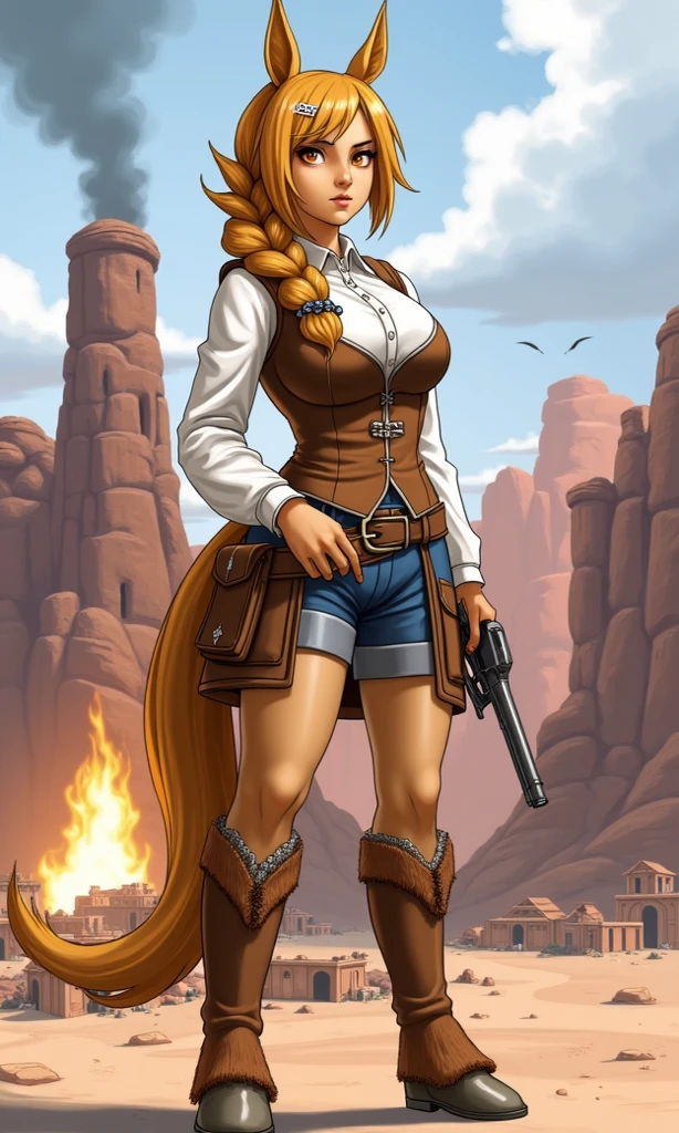 masterpiece, best quality, amazing quality, very aesthetic, high resolution, ultra-detailed, absurdres, newest, scenery, depth of field, scenery, volumetric lighting, by jay naylor, human, desert, canyon, blurry background, 1girl, shorts, boots, blonde hair, hat, long hair, brown eyes, midriff, solo, cowboy hat, navel, denim, belt, denim shorts, barrel, short shorts, smile, knee boots, shirt, freckles, crop top, crate, walking, cutoffs, thigh gap, wide hips, curvaceous, cowboy boots, cowboy western, full body, blue shorts, white shirt, huge breasts, bucket, coin, standing, brown footwear