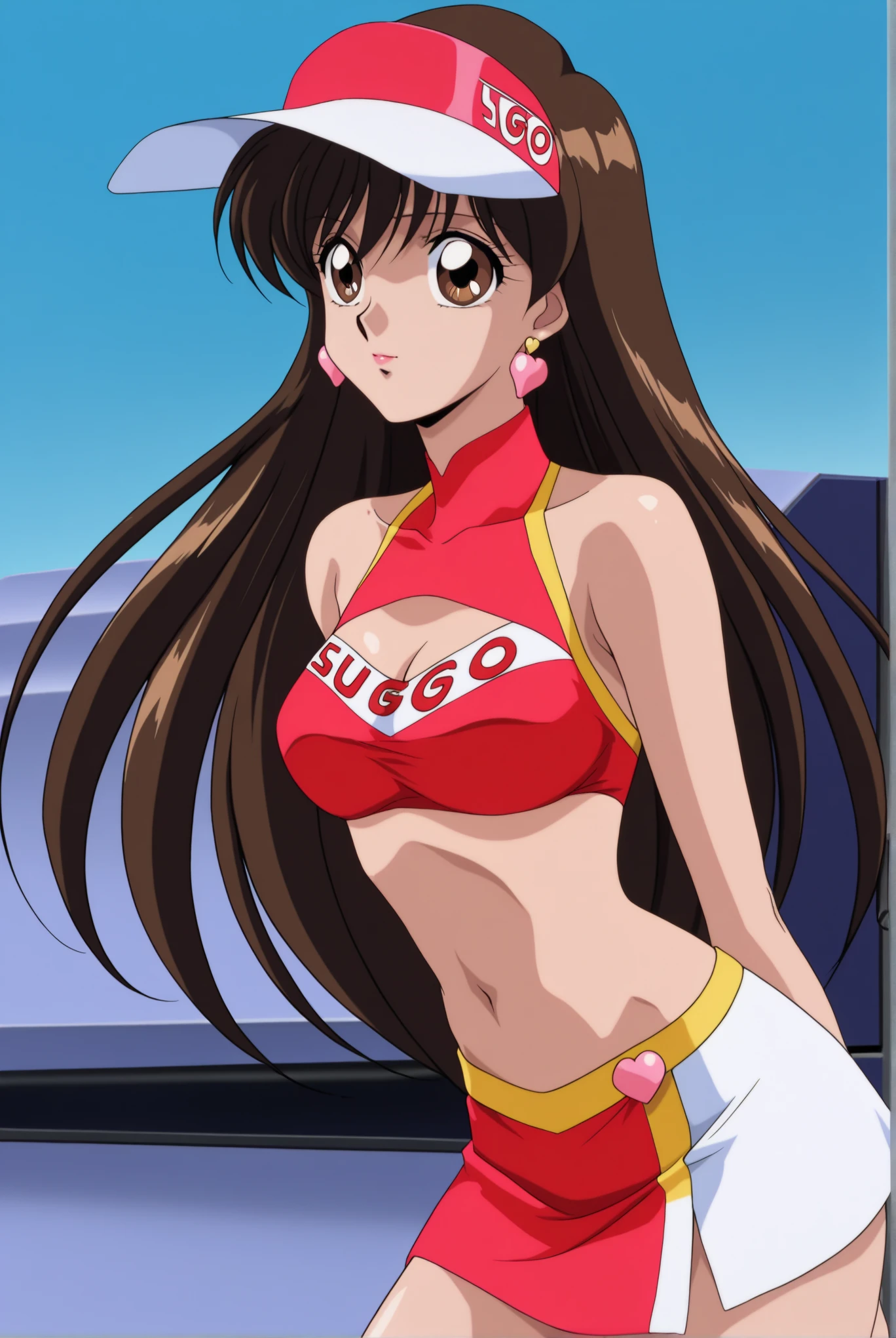 cowboy shot, upper body view, anime style: 1.8, anime drawing, ultra detailed face, ultra detailed body, 4k, Sumergai Lee Noriega, (standing), best quality, anime style, hires, highest definition, digital blending, bold drawing lines, ((slender body, female wrestler), (location: wrestling arena, crowds watching), (weak body, slender body, broad shoulders, slim arms, little biceps, thighs), ((white micro bikini, shorts, groin, white boots, white gloves, collar)), victorious, winner, smile, , (big breasts), (big eyes, brown eyes), (warming up), (brown hair, loose hair, curly hair, wavy hair, long hair, missy hair), 27 years old, tilting body