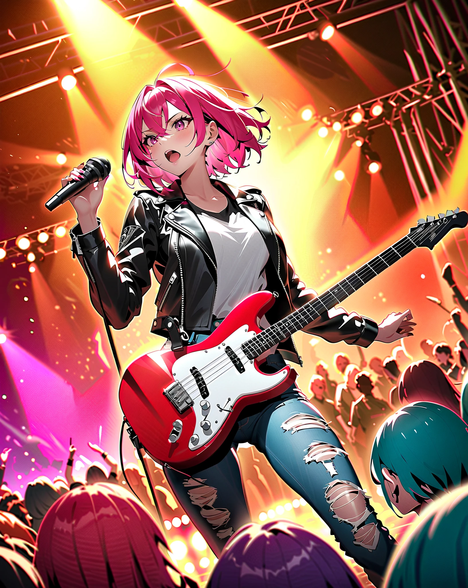 A powerful anime-style scene of an all-female rock band performing live ...