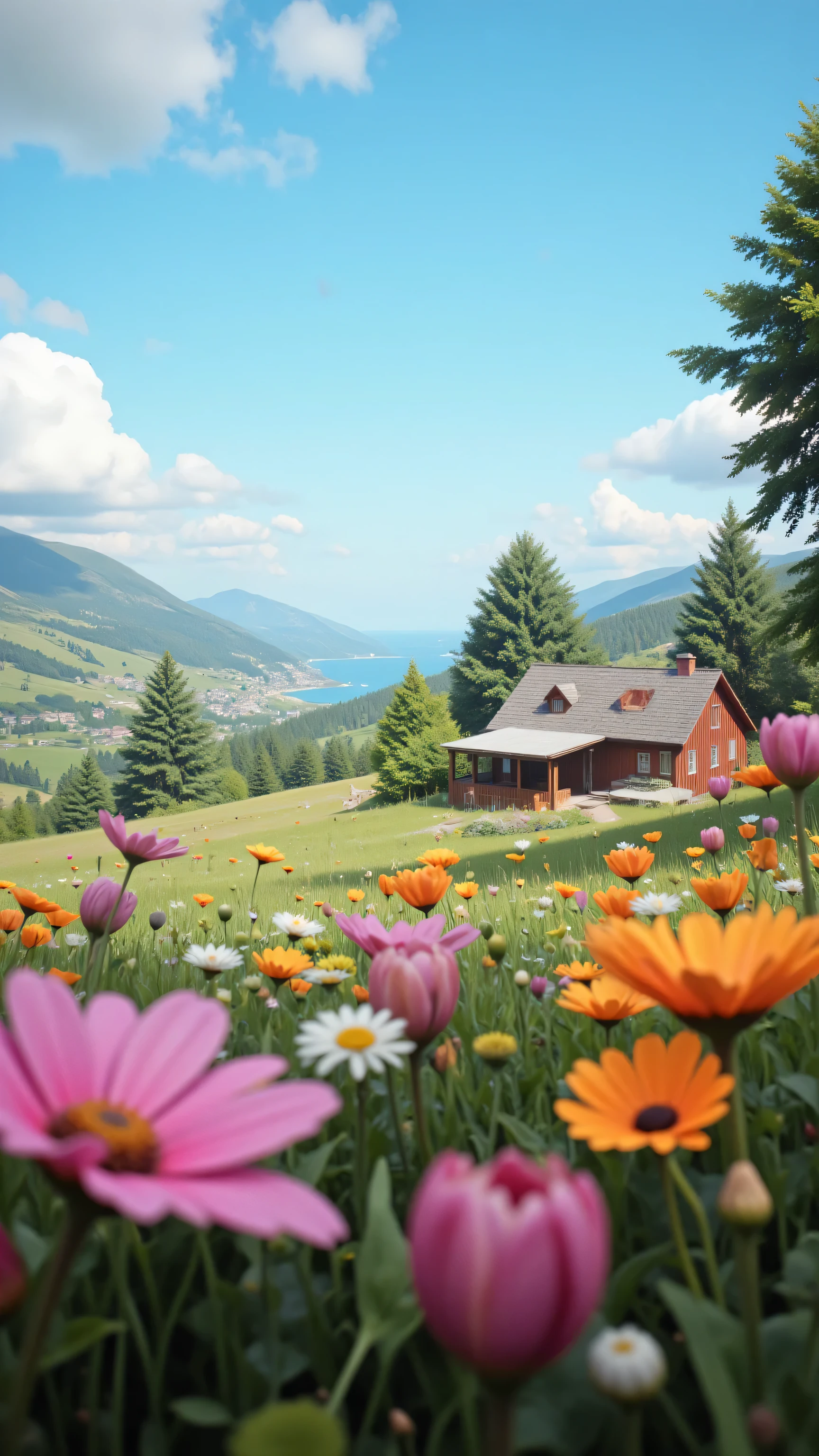 masterpiece、最High Quality、High Quality、Detailed CG Unity 8K Wallpaper、scenery、Admire the hilly meadow、窓の外のscenery、色とりどりの野生の草flower、The Sea Beyond the Meadow、nature、Swedish House facing the sea、There is a fishing boat、Blue Sky That Seems to Pass Through、depth of field、high resolution、flower、 Color Difference、photorealism、very detailed、CG Social Trends、complicated、high detail、Dramatic、