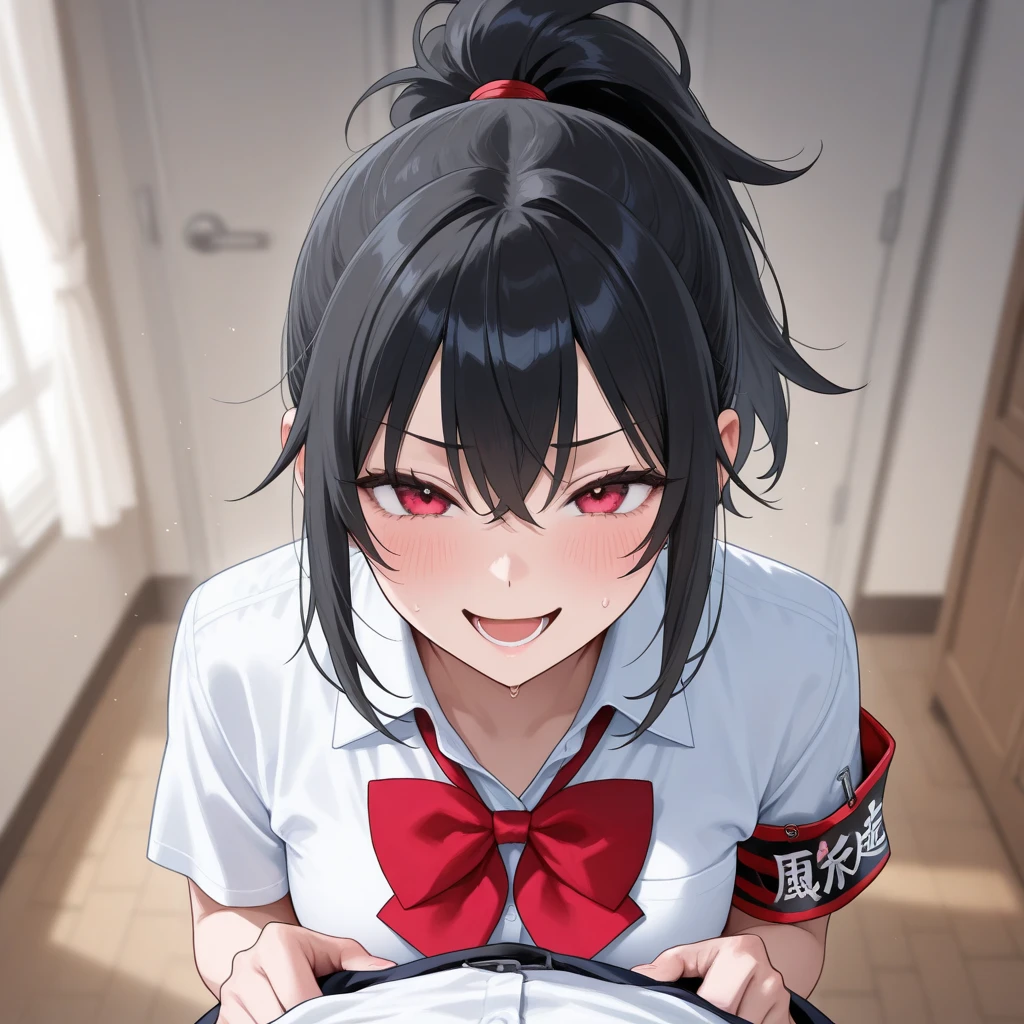 Sit on the sofa,looking ahead,from above,handjob,side view,face focus,open mouth,tongue out,cum on tongue,Licking the penis,(1girl,Beautiful 14 year old girl),((Slender,Small breasts,Baby Face,Small face,)),looking at viewer,Black Hair,bangs,two side up,Gray Eyes,Drooping eyes,slit pupils,narrow eyes,,Short sleeve shirt,Checked tie,Checked mini skirt,Beautiful and detailed anime art,Mischievous smile,Dimly lit room,Simple Background,Gray background,Low lighting