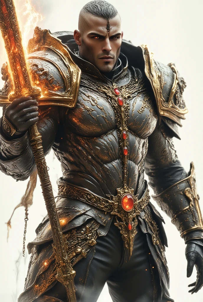 Humanoid with cat's head, armadura dourada, espada dourada e asas brancas