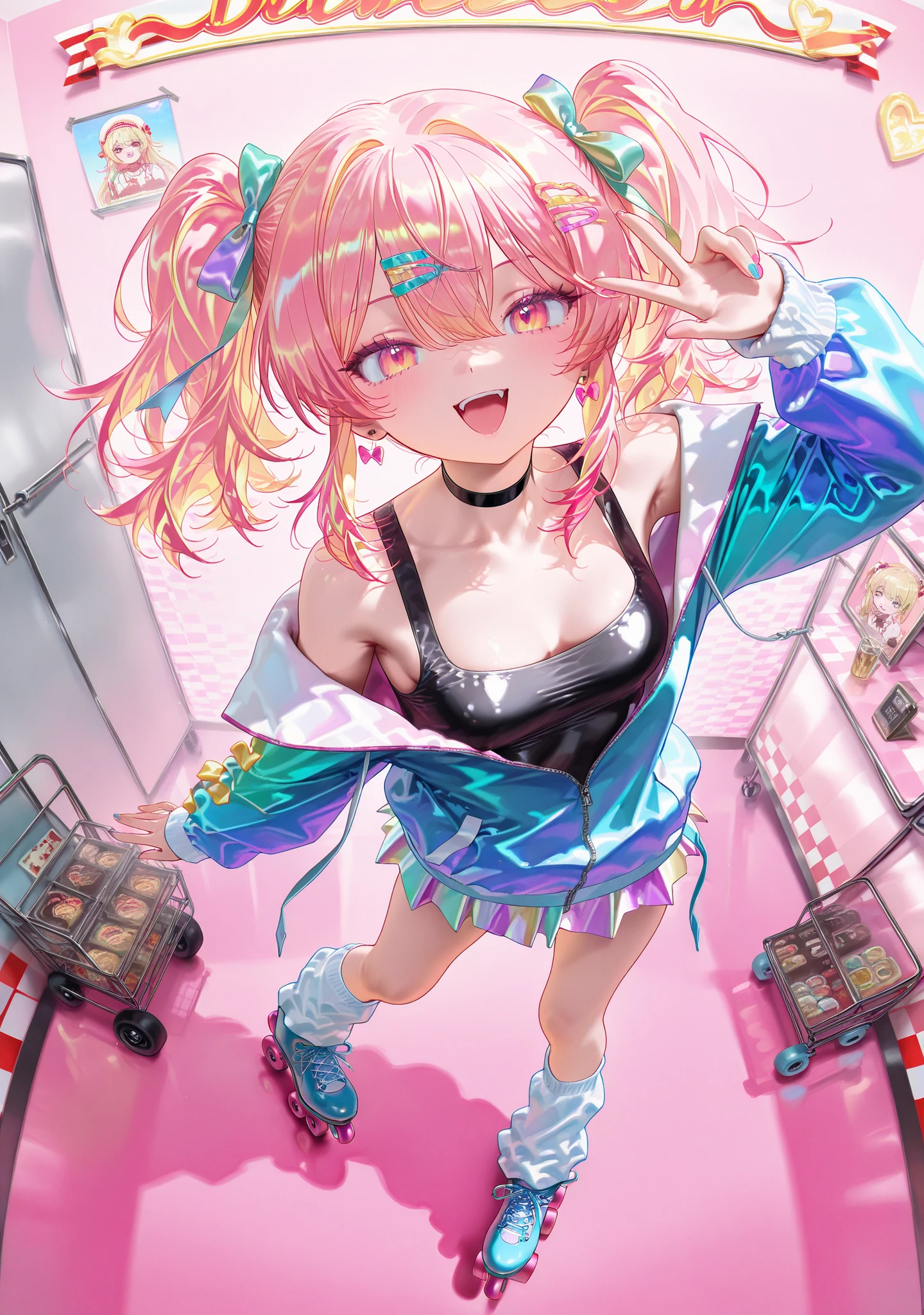 masterpiece,Highest Quality , newest , safe, beautiful woman in silya room 、Diner、colorful、 Roller Skates 、retro colors、long hair、twin tails、loose socks、gal、Medium chest、full body、Complex pose、viewed from above、Overlooking、 pop