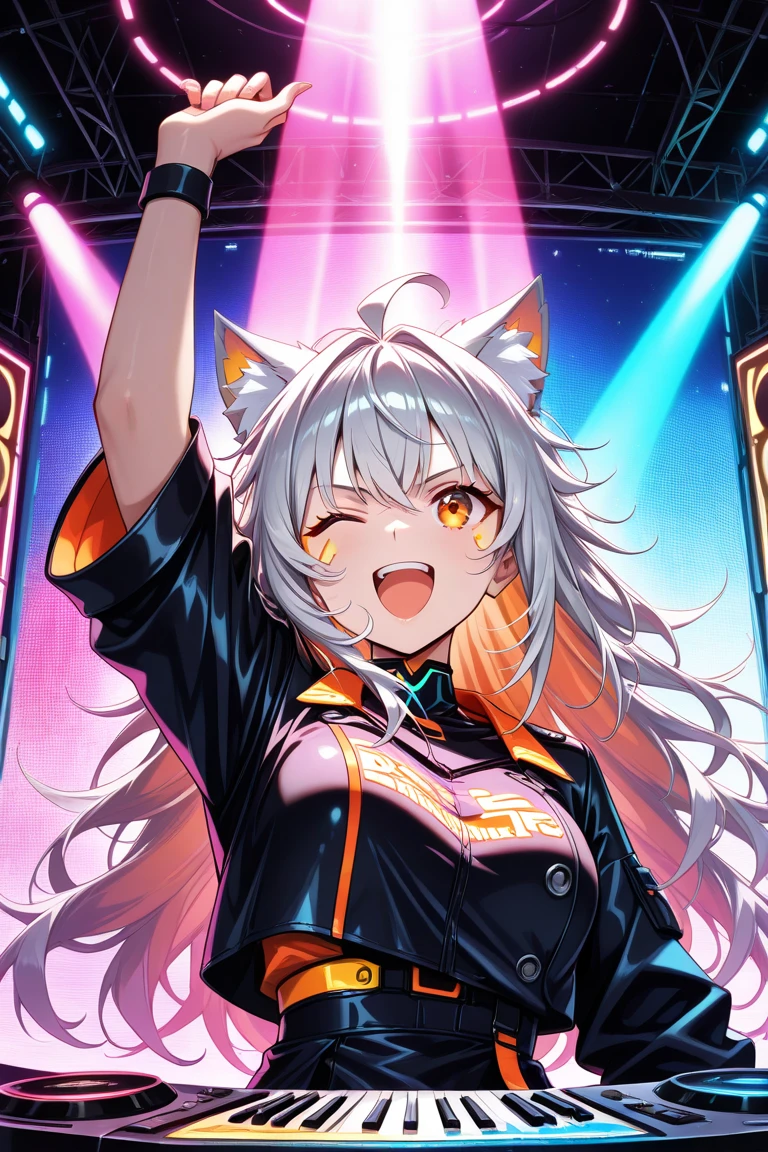 (masterpiece),(absurdres),(ultra detailed),serious,smile,shouting,DJ cotume,music live performanceo,ome arm up,、colorful lighting:1.3,(solo lady),(26-year-old),(silver cat ears:1.1),(silver hair),(long hair:0.8),(messy hair:1.1),(Ahoge:0.9),(middle 0.9),(()),(orange eyes,closed one eye),(()),cyberpunk,distance shot,on stage,ファン,