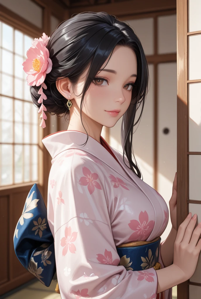 8k, highest quality, ultra high resolution, 1 female, 1980s pop culture anime style, 21 years old, (masterpiece, high resolution, detailed), Japanese, sweating, short cut, ponytail, big breasts (photorealistic) :1.4), (Famous Japanese actress:1.2), very beautiful, cute, professional photo, very delicate and beautiful, very detailed, very detailed beautiful girl, very detailed face, very detailed eyes, very detailed skin, very detailed fingers, very detailed nose, very detailed mouth, perfect anatomy, realistic body, fair skin, shiny skin, slender body, good figure, looking at viewer, smile, cute laugh Face (Black hair, (Ponytail, Beautiful girl, Perfect small face, D cup, Thin, Top quality, Ultra high resolution, Detailed background, Masterpiece, Anatomically correct, Detailed face, Beautiful face in every detail, Cute 20 Beautiful girl in her teens, black hair, highest quality, 4K quality, hot spring, sitting woman, woman in yukata, woman's ponytail, woman is 21 years old Steam, sweat,